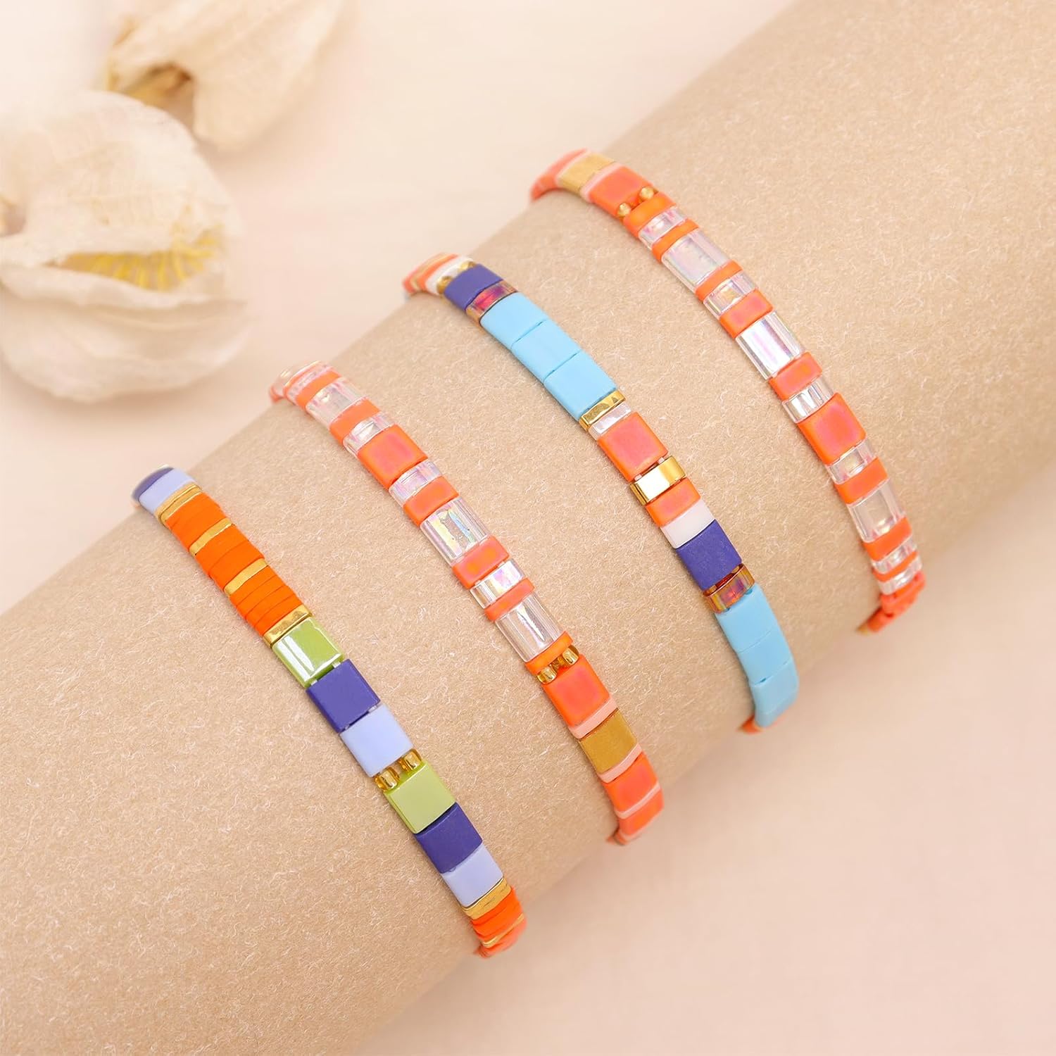 Tila Flat Beaded Bracelets Set for Women, 4Pcs Trendy Miyuki Glass Stack Beads Stretch Bracelet Outfit Accessories Jewelry Gift. - Image 7