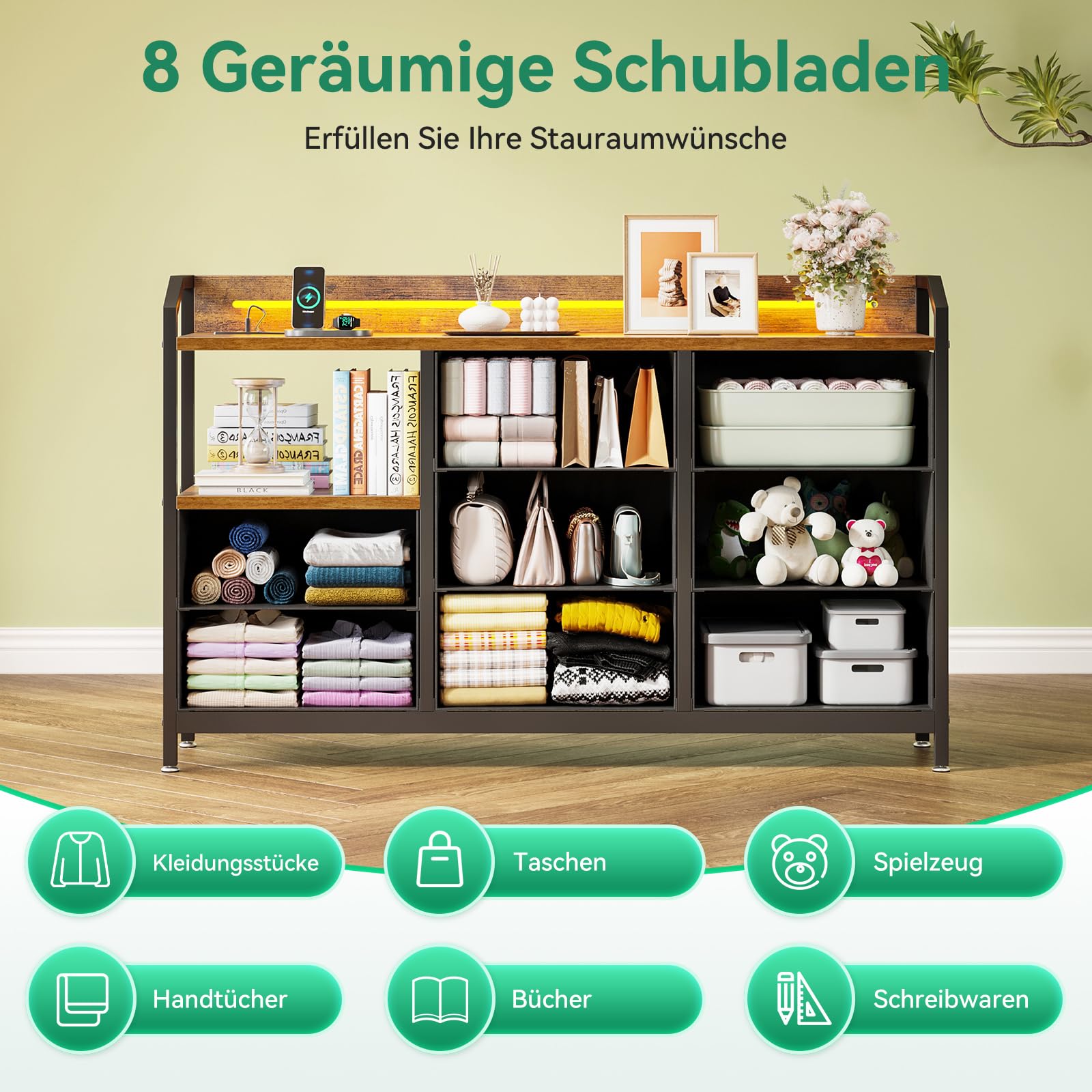 ODK Kommode mit Schubladen, Schubladenschrank mit LED-Lichtstreifen mit 10 Einstellbaren Farben und 2 USB- und 2 AC-Steckdosen, 8 Stoffschubladen, Wohnzimmer Schlafzimmer Kommode, 110*30*88cm Vintage