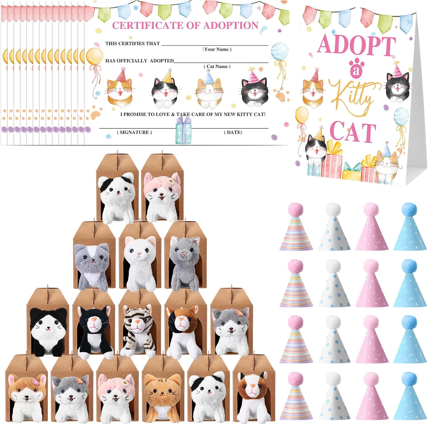 65 Pcs Adopt a Cat Party Favors, 16 Stuffed Cat Animals 16 Boxes 16 Cute Birthday Hats 16 Adoption Certificate Card 1 Adoption Sign for Adopt a Pet Party Favor Supplies(Box,Kraft)