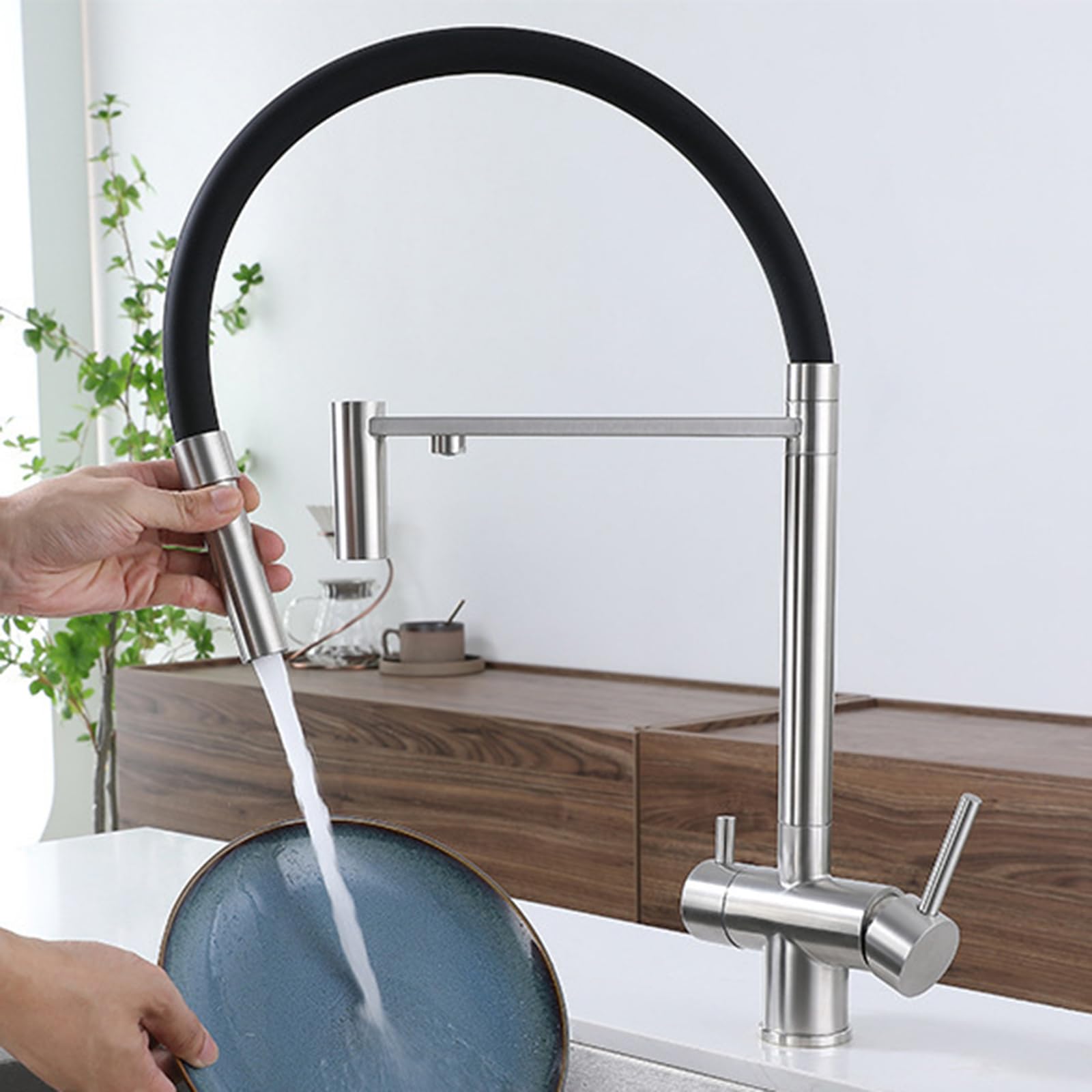 XJTNLB Grifos Cocina Fregadero con Osmosis Extraibles Oro Cepillado Grifo Abatible Cocina con Dos Asas Griferia Tres Vias Cocina para Osmosis Grifo Cocina Flexible