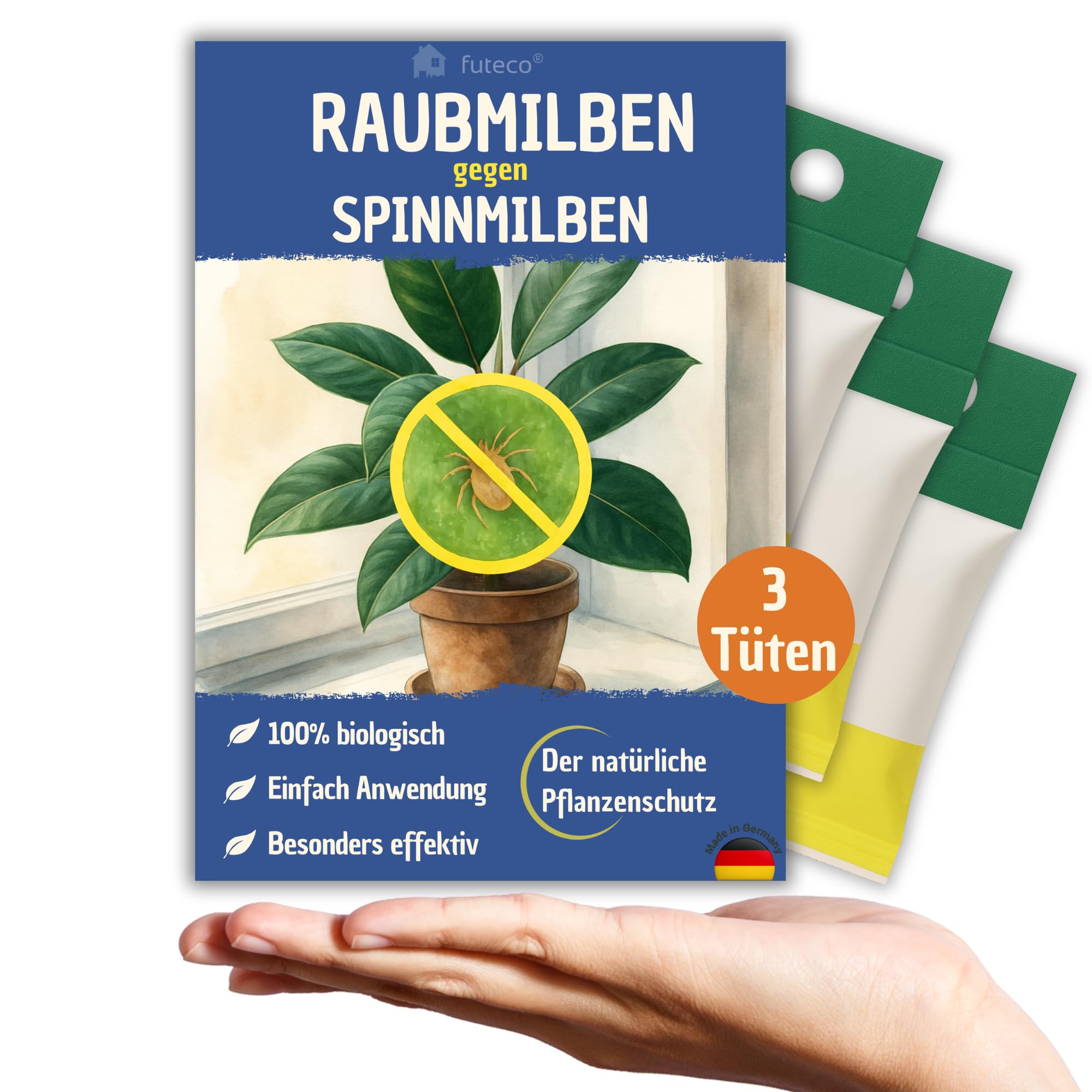 Futeco® – Raubmilben gegen Spinnmilben bei Gemüse-, Zier- & Nutzpflanzen - 3 Tüten für 3-4 Pflanzen - zur biologischen Bekämpfung von Spinnmilben - 100% Chemiefrei - Amblyseius Californicus