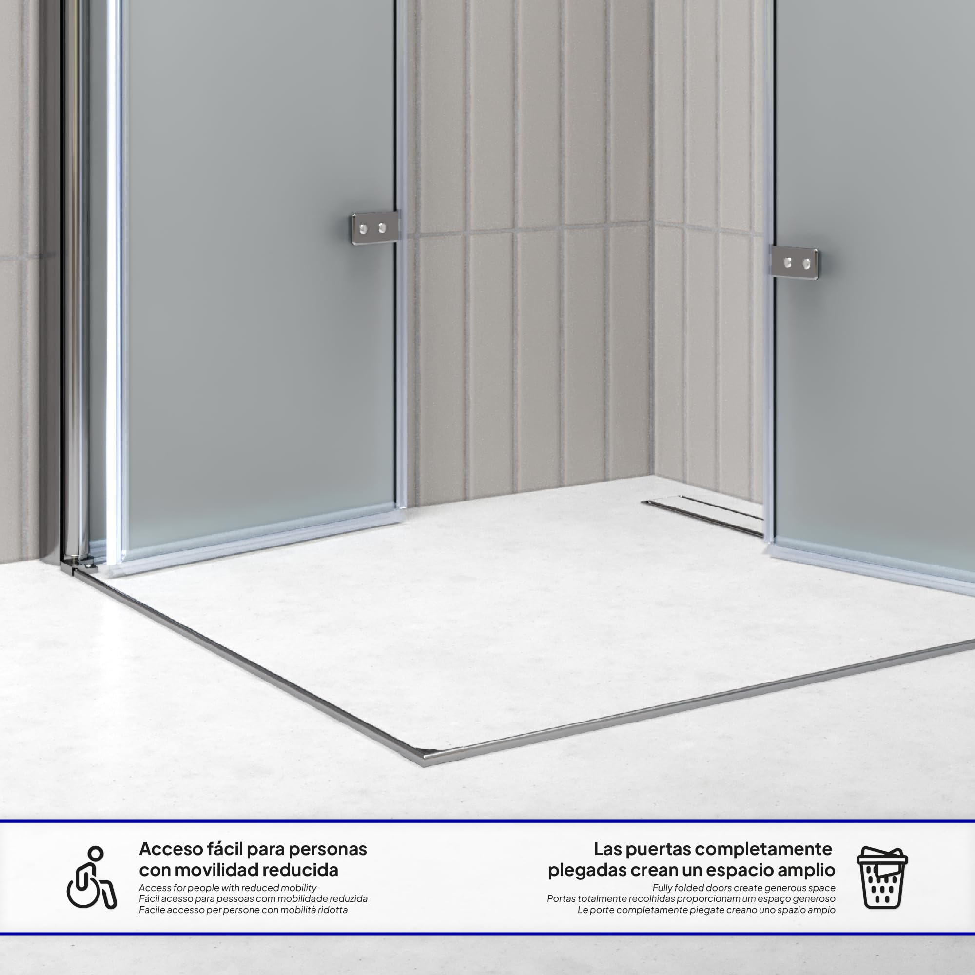 Mampara de Ducha Emma 90x90x190cm, NO REVERSIBLE, Puertas Plegables, Ajuste 88.5-90.5x88.5-90.5cm, Perfiles Cromo, Cristal Templado Satinado 6mm