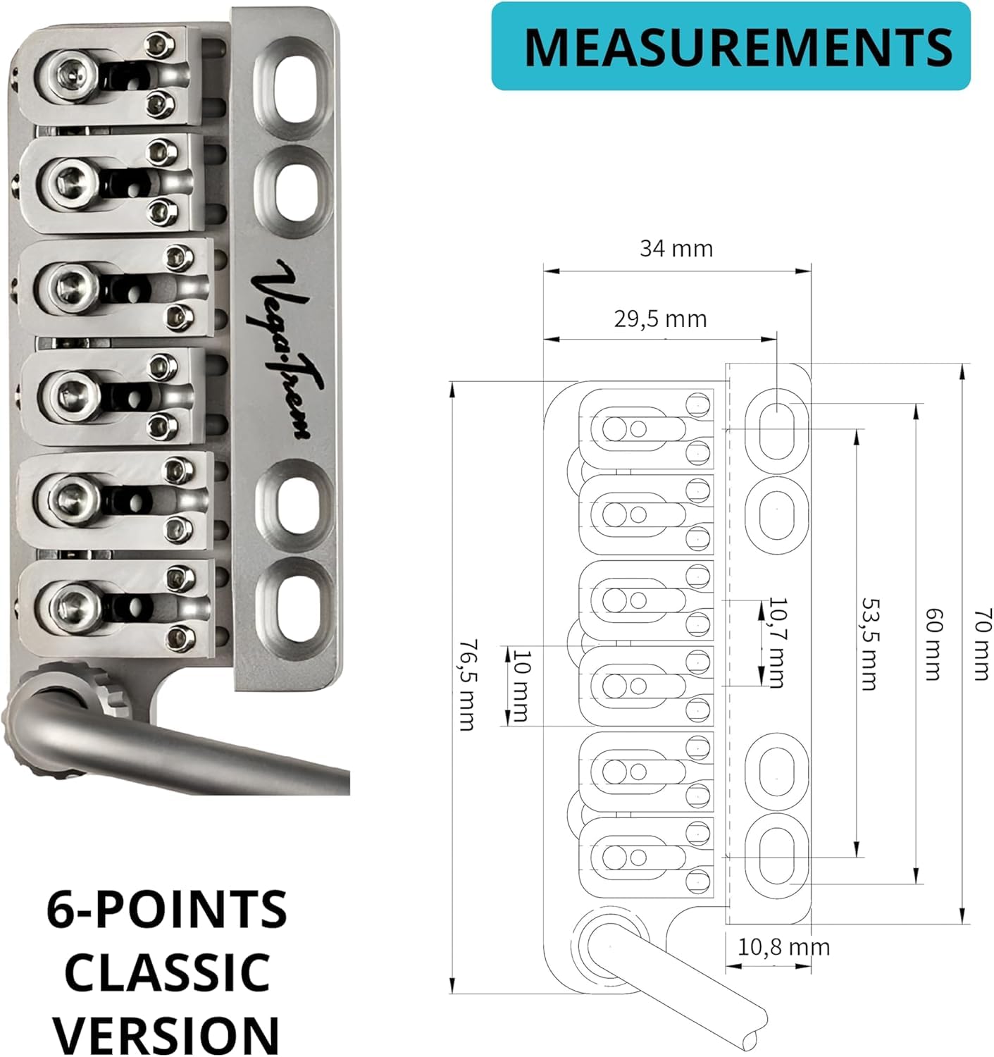 Vega-Trem VT1 Special Standard 6-Screw Strat Gitarre Tremolo Bridge für Strat No Mods Einfache Installation (Satin, rechts)