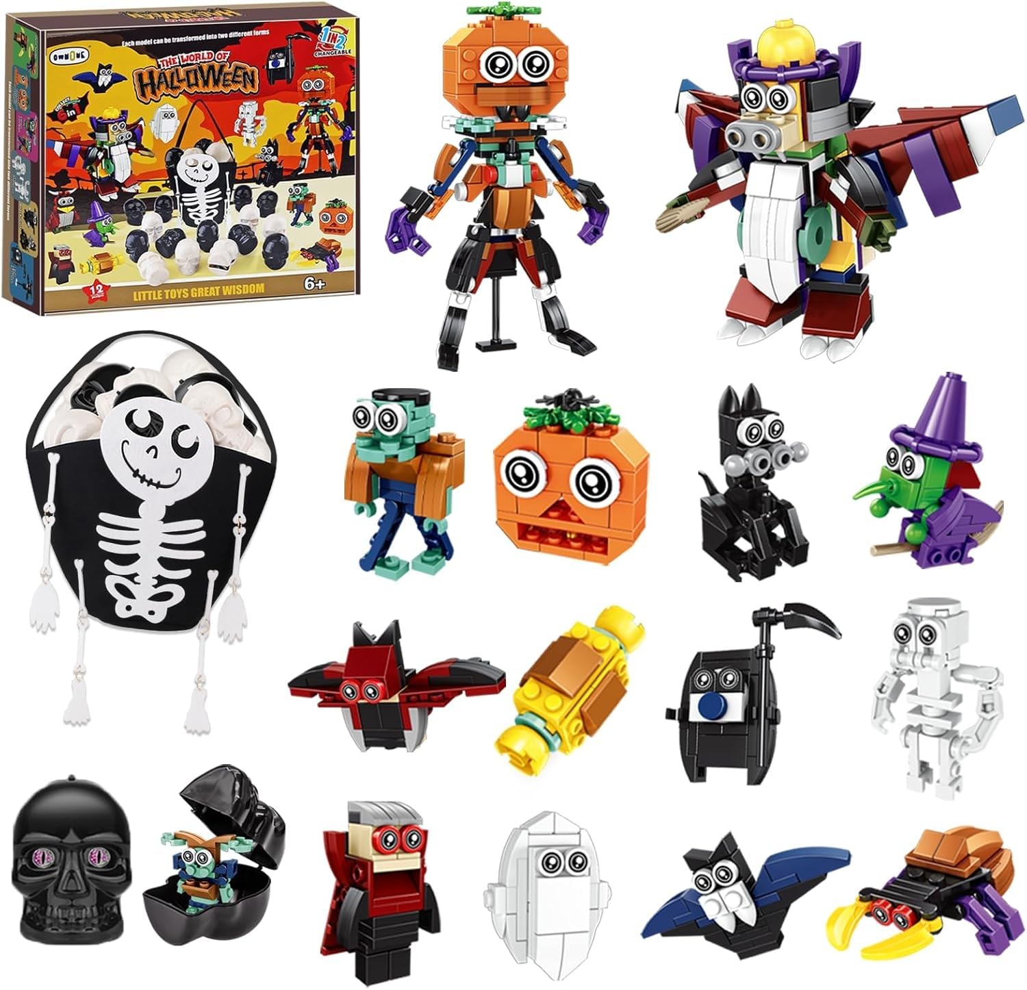 Own1one Halloween Mitgebsel Kinder, 12 Vorgefüllten Totenköpfen mit 12 2-in-1-Bausteine & 1 Tüte als Pinata Füllung, Trick or Treat Geschenke für Halloween Kindergeburtstag Party Kinder Gastgeschenke