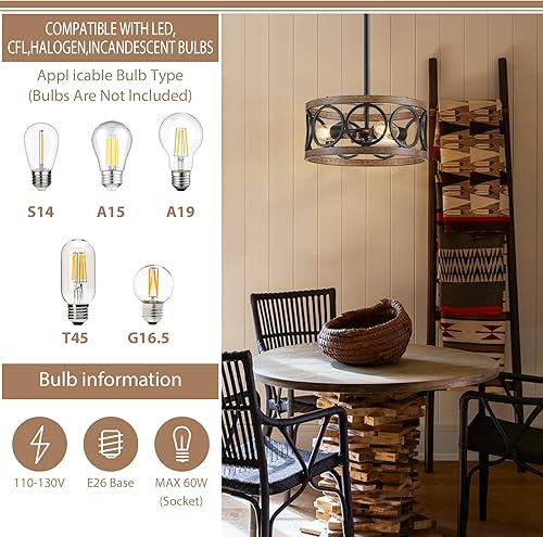 Miniatura 5 de Lámpara colgante de granja, lámpara de techo para dormitorio, pasillo, cocina, entrada, comedor, 3 lámparas colgantes de níquel y madera de grano de