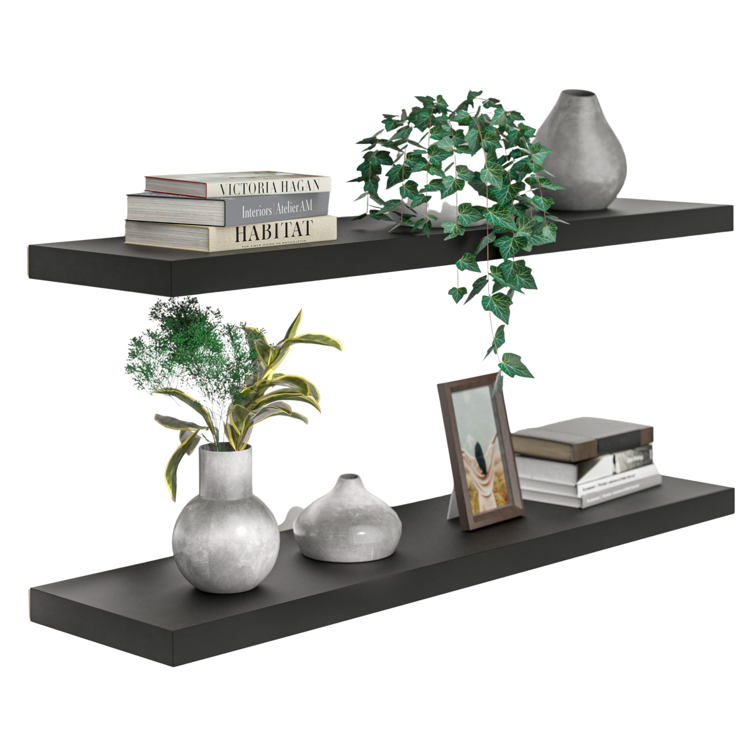 CASARIA® Set of 2 110cmx23cm Matt Black Floating Shelf Including Bracket | Wall Shelving Living Room Kitchen Bedroom Office | 38mm Thick | Hidden Wall Fixing | 15kg Capacity MDF