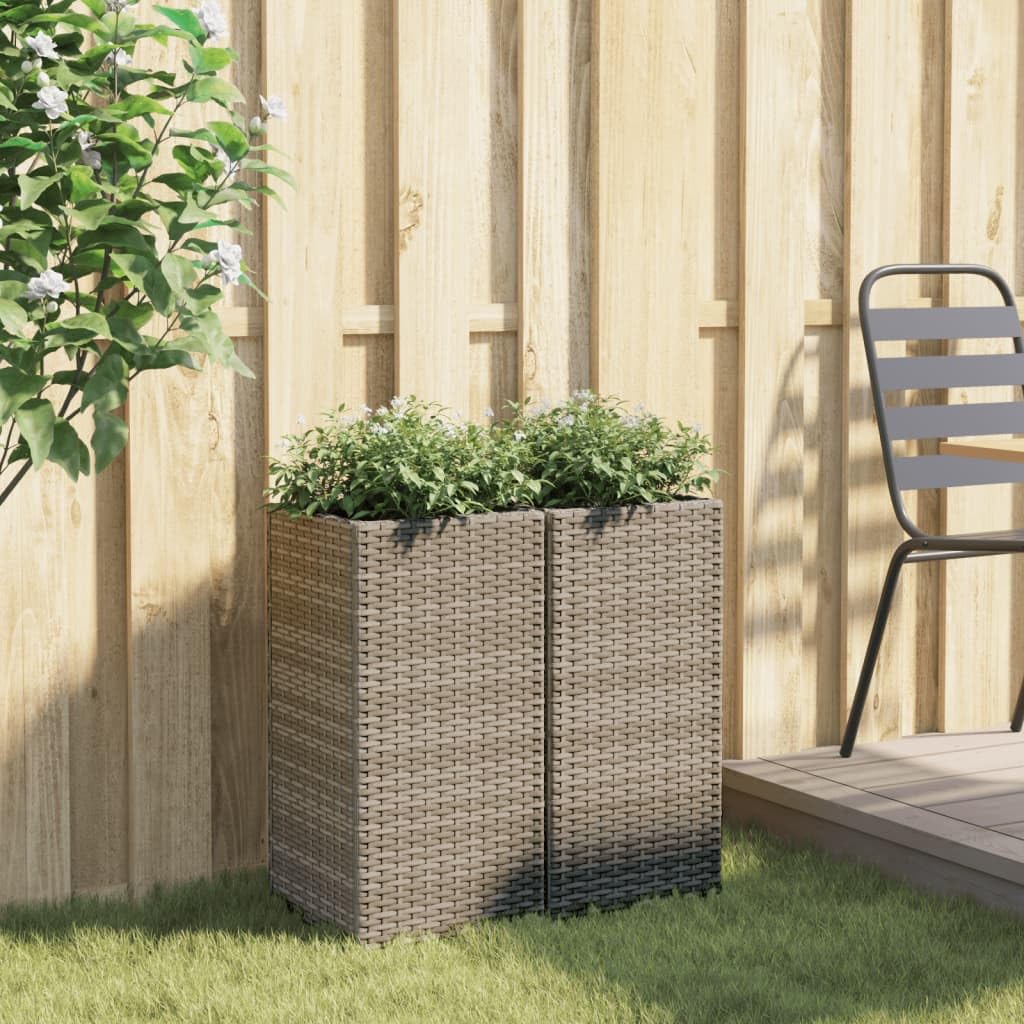 Donice ogrodowe szare 2 sztuki 30x30x60 cm rattan PE z wkładem z włókniny na kwiaty, balkon, taras, stabilna stalowa rama odporna na warunki atmosferyczne