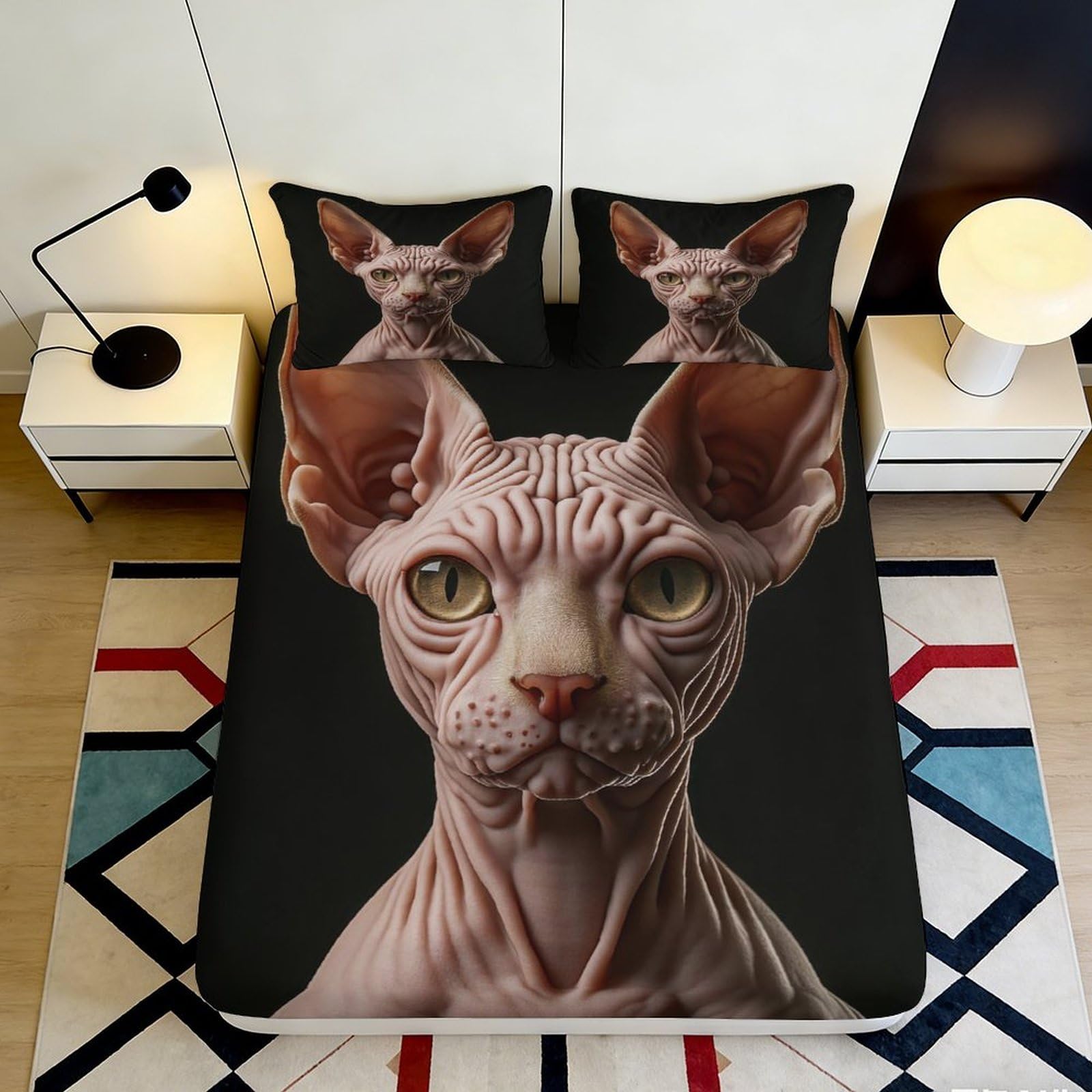 3D Printed Sphynx Cat Fitted Sheet Microfiber Non-Slip Deep Pocket Sphynx Cat Mattress Fitted Cover Bedding for Adults 160x200x25cm