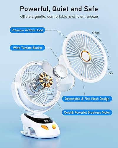Vista 2 de Ventilador de clip recargable con luz LED, batería de 10000 mAh y pantalla digital, 40 horas, ventilador de escritorio silencioso de 5 velocidades