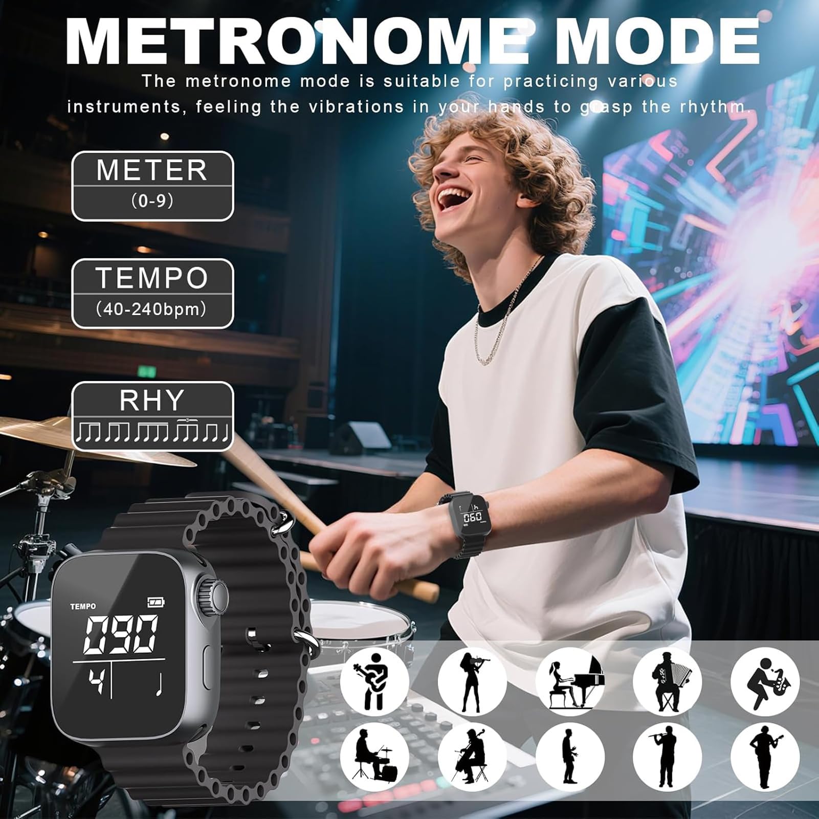 Denash Vibrierende Metronomuhr, Einstellbar 40–240 BPM mit Umschaltbaren Metronomen und Übungsmodus, Elektronisches Tragbares Metronom für Musiker, Training