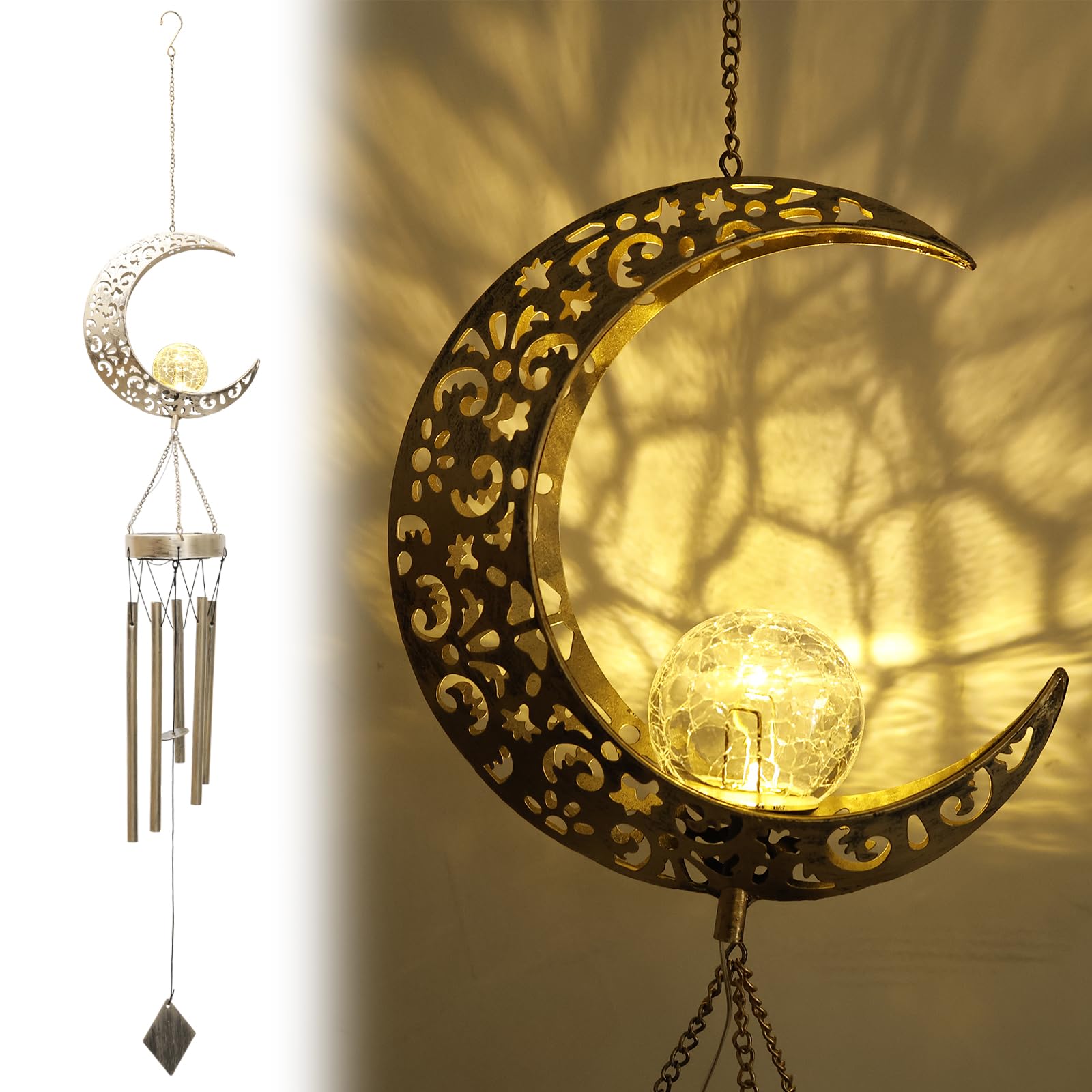 Moon Solar Light Wind Chime Waterproof Outside Hanging Solar Light Wind Chimes Outdoor Antique Style Metal Yard Decor for Yard Balcony Window Bedroom(Moon model)