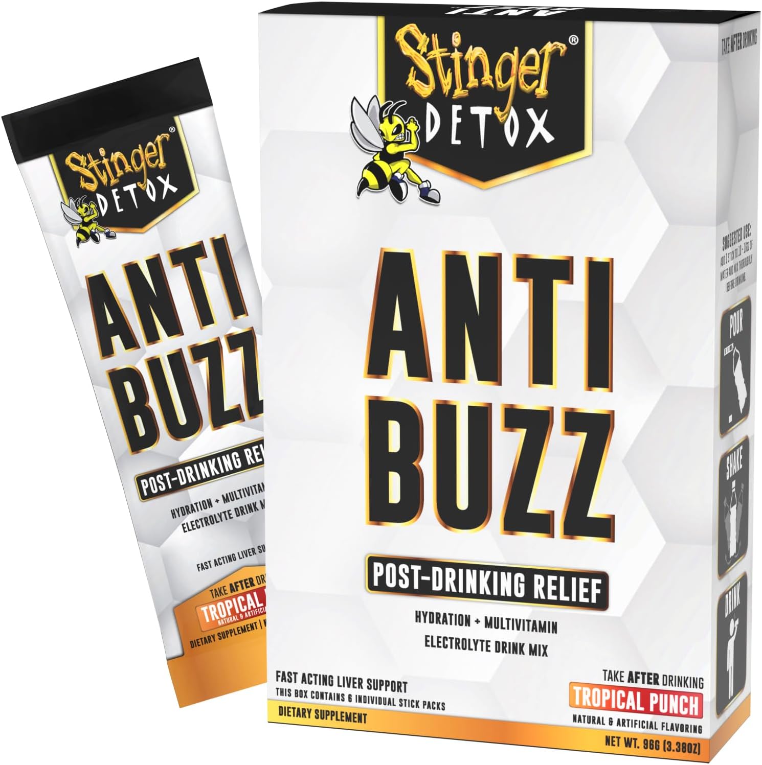 Anti-Buzz Post-Celebration, Hydration & Multivitamin Packet Drink Mix | DHM, VIT. B Complex, Riboflavin, Niacin + Electrolytes | Tropical Punch 1 Pack (6 Servings)