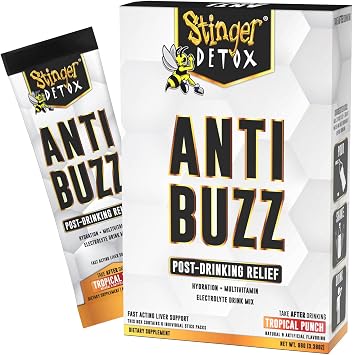 Stinger Detox Anti-Buzz Post-Celebration, Hydration & Multivitamin Packet Drink Mix | DHM, VIT. B Complex, Riboflavin, Niacin + Electrolytes | Tropical Punch 1 Pack 6 Servings