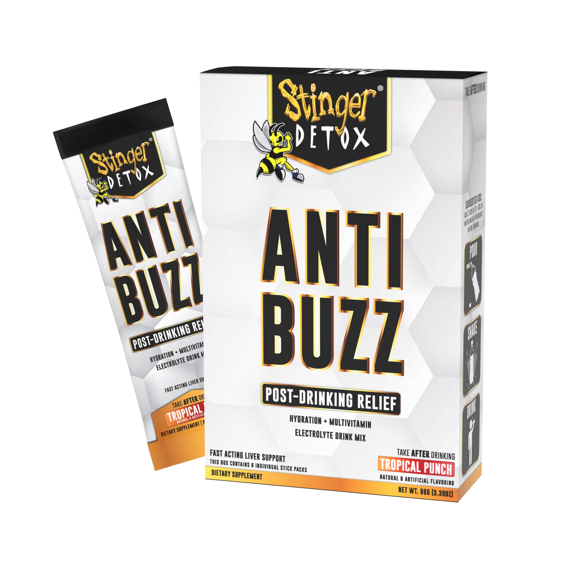 Stinger Detox Anti-Buzz Post-Celebration, Hydration & Multivitamin Packet Drink Mix | DHM, VIT. B Complex, Riboflavin, Niacin + Electrolytes | Tropical Punch 1 Pack (6 Servings)