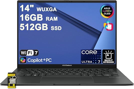 ASUS Zenbook 14 Laptop 14" WUXGA OLED Touch 500nits HDR, 100% DCI-P3 Intel 16-core Ultra 7 255H >Ultra 9 185H 16GB RAM 512GB SSD Fingerprint Creator Business Professional Win11 ICP Hub