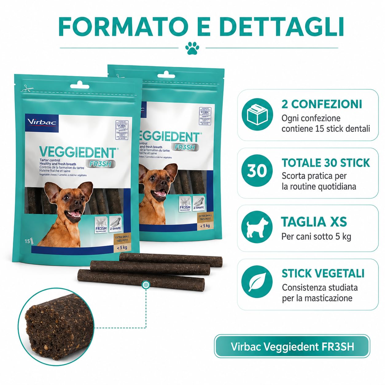 Virbac Veggiedent FR3SH XS 2 Confezioni da 15 Stick Dentali per Cani sotto 5 kg, Snack Vegetale per Igiene Orale, Controllo Placca e Tartaro, Alito Fresco
