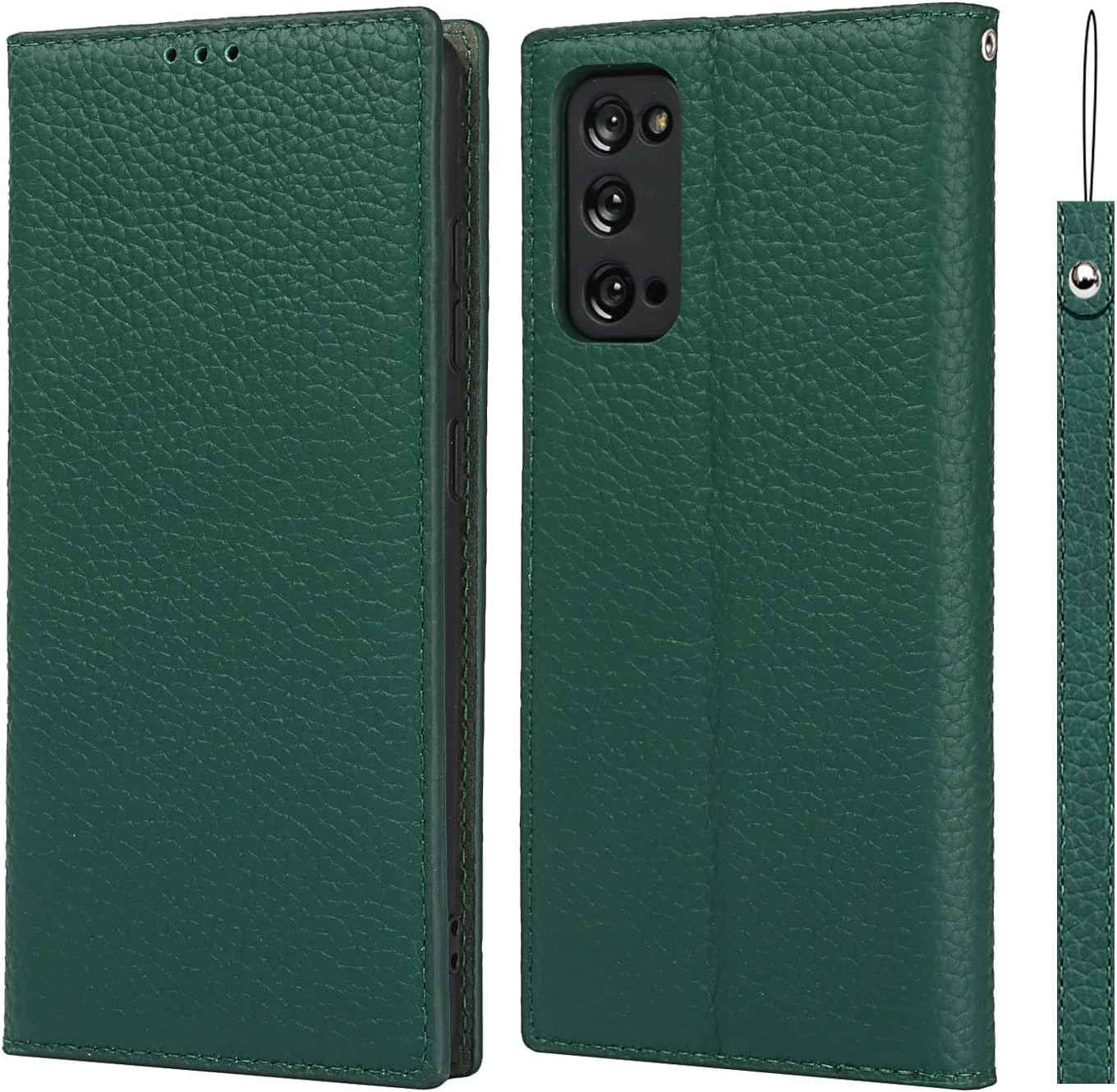 Genuine Leather Case for Samsung Galaxy S20 FE Case, Flip Wallet Case Cover TPU Bumper with Card Holder Kickstand Hidden Magnetic Adsorption Shockproof Wrist Strap Leather Wallet Case(Green)