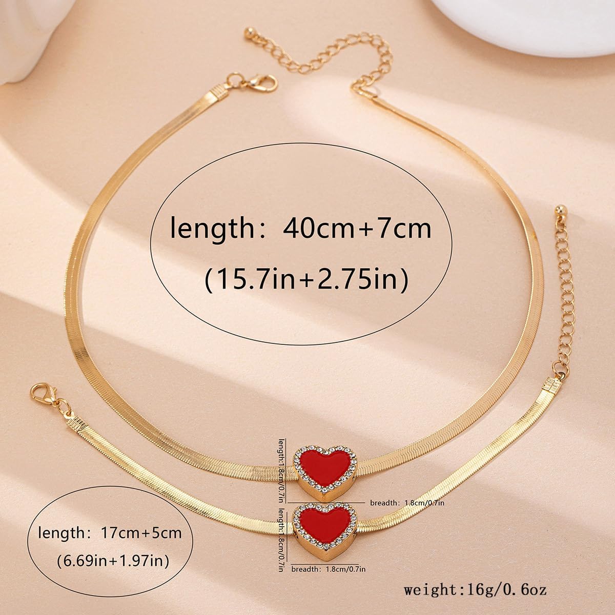 Heart Necklace Bracelet Set for Women Gold Snake Chain Red Heart Necklace Bracelet Set Sparkling Cubic Zirconia Heart Choker Necklace Christmas Wedding Birthday Party Jewelry - Image 5