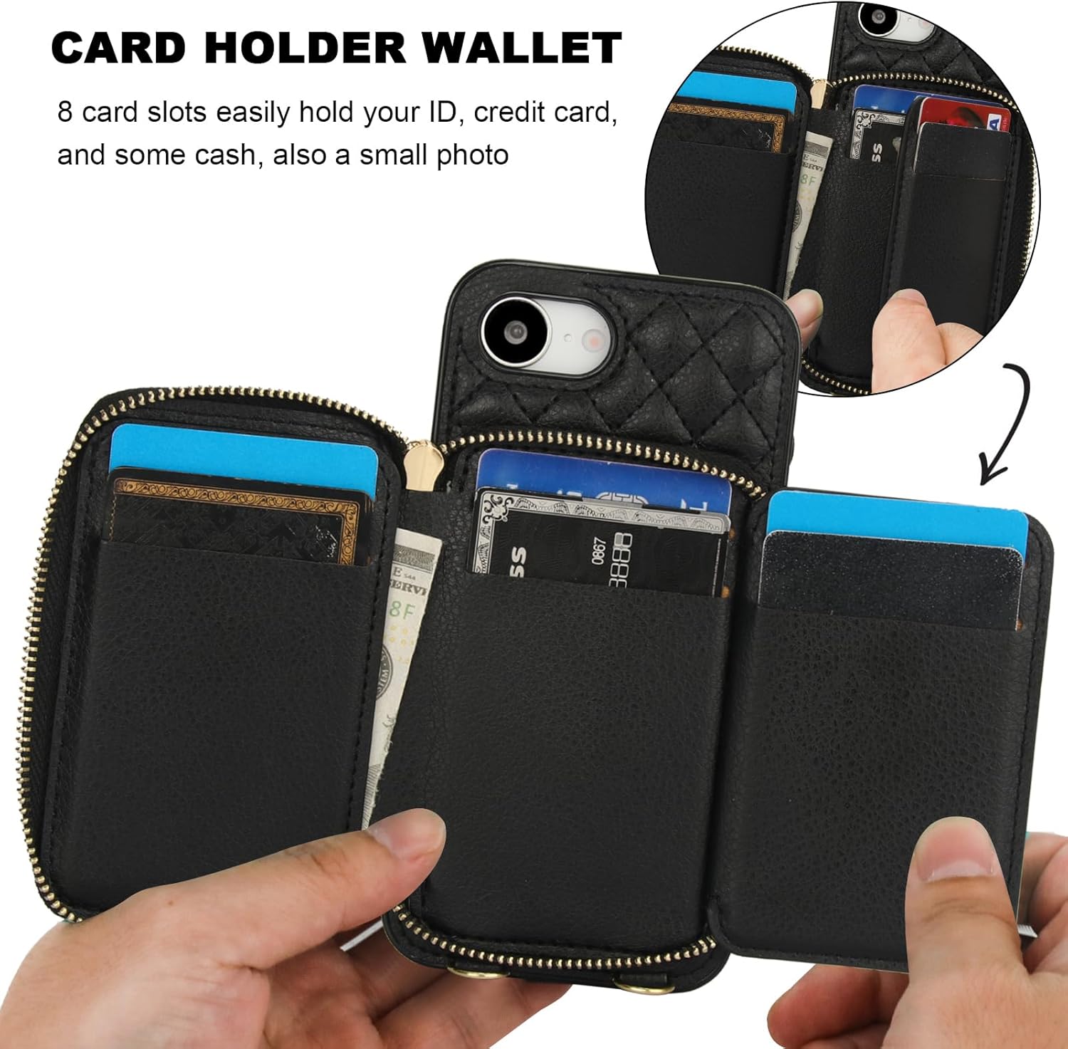 Bocasal Crossbody Wallet Case for iPhone 17e/16e, RFID Blocking PU Leather Zipper Handbag Purse Flip Cover, Kickstand Folio Case with Card Slots Holder Wrist Strap Lanyard 6.1 Inch 5G (Black)