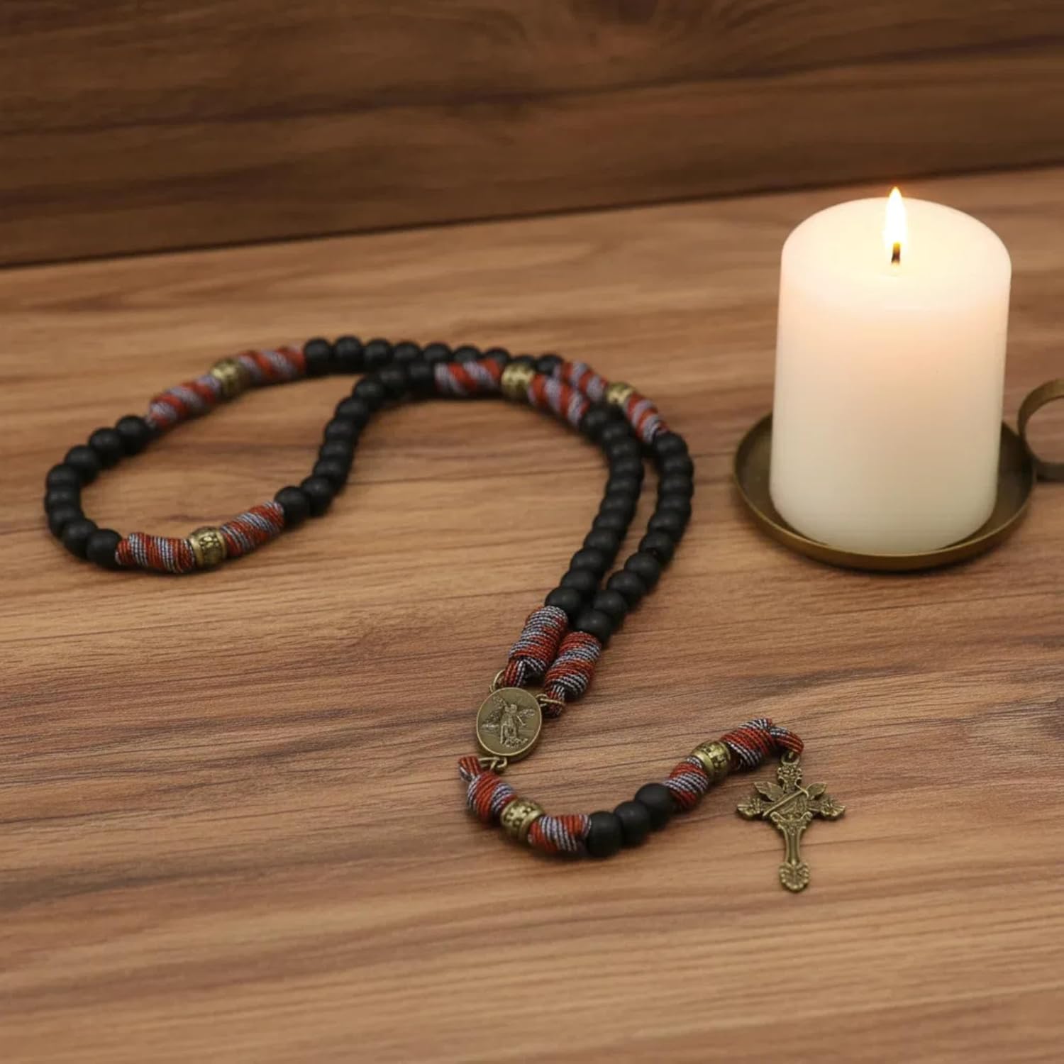 Nazareth Store Paracord Rosary Necklace 8mm Black Beads Antique Bronze Strong Rugged Corded Catholic Rosary with St.Michael Medal & Cross Crucifix - Image 3
