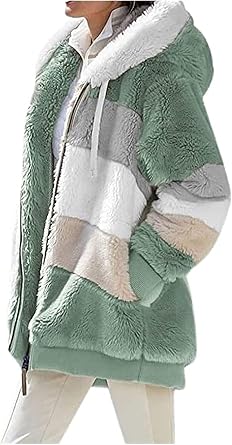 2024 New Contrasting Lamb Wool Padded Coat, Warm Plush Patchwork Zipper Pocket Hooded Loose Coat for Women