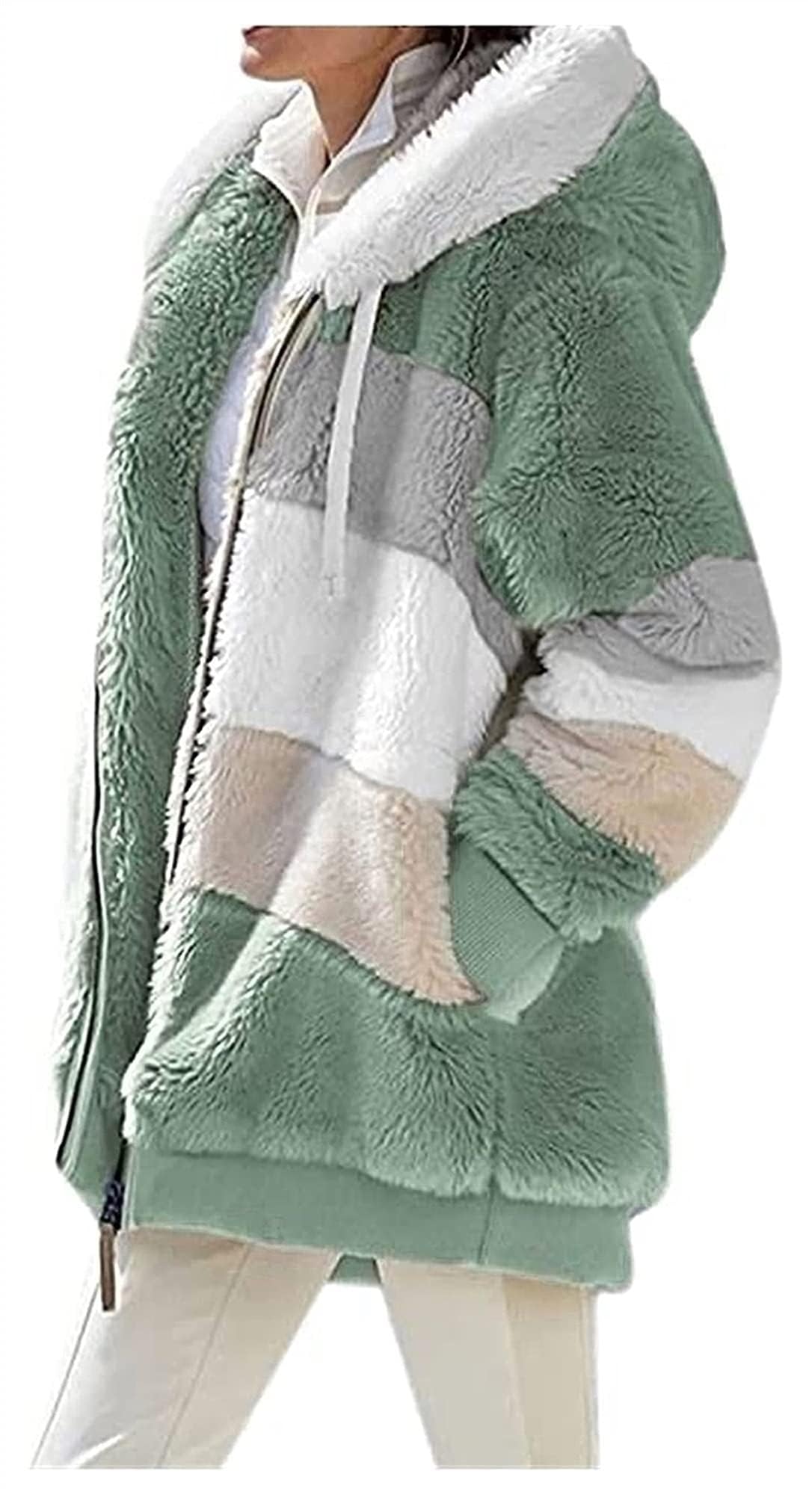 Miretior 2024 New Contrasting Lamb Wool Padded Coat, Warm Plush Patchwork Zipper Pocket Hooded Loose Coat for Women