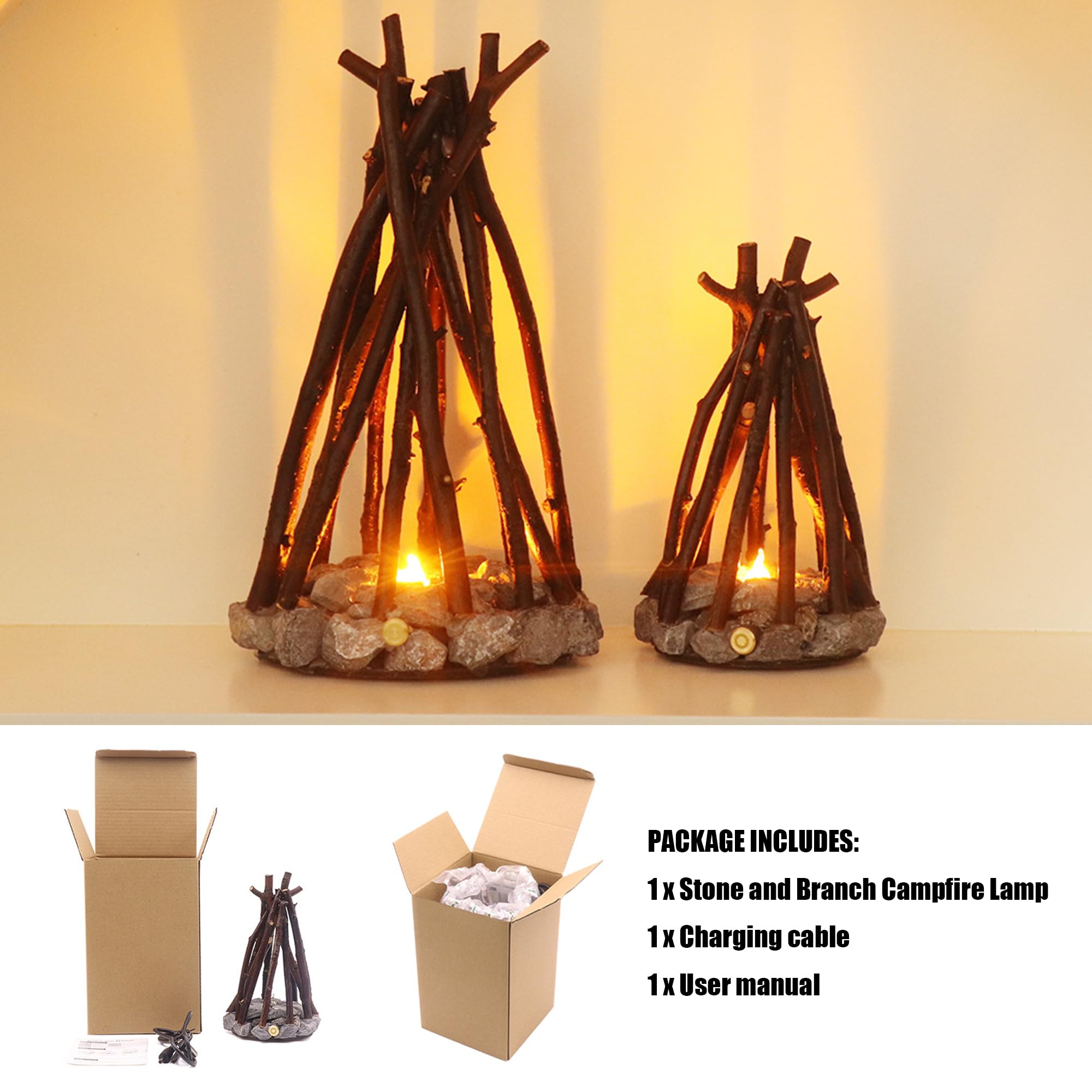 Luce a LED per falò, ricaricabile tramite USB, 3 modalità, design realistico con fiamma e pietra, luce notturna creativa per la decorazione della casa e per le vacanze