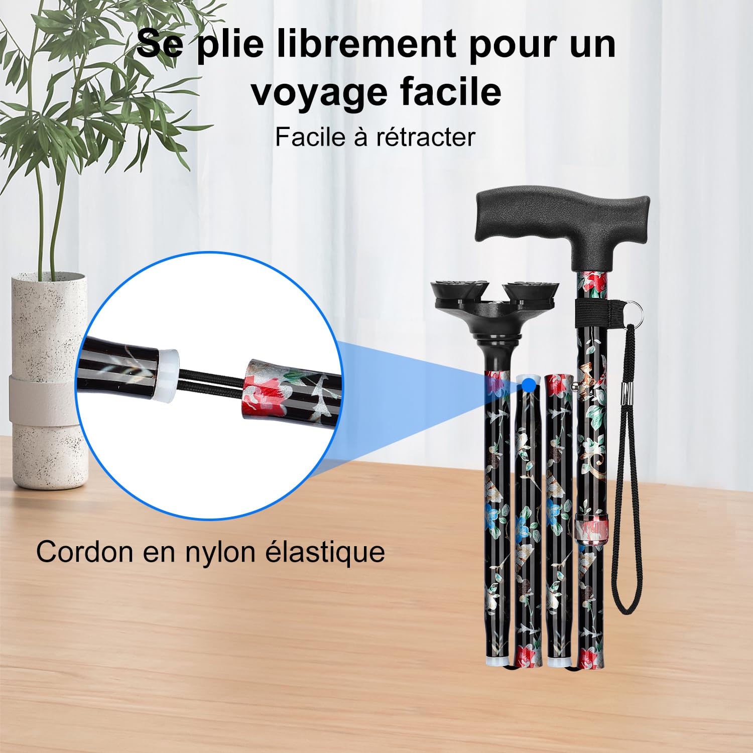 supregear Canne Pliante, Canne Pliante Réglable à 5 Niveaux avec Poignée en T et Dragonne Anti-Perte Antidérapante Autoportante Support en Caoutchouc à 4 Pieds pour Âgé Désactivé Homme Femme