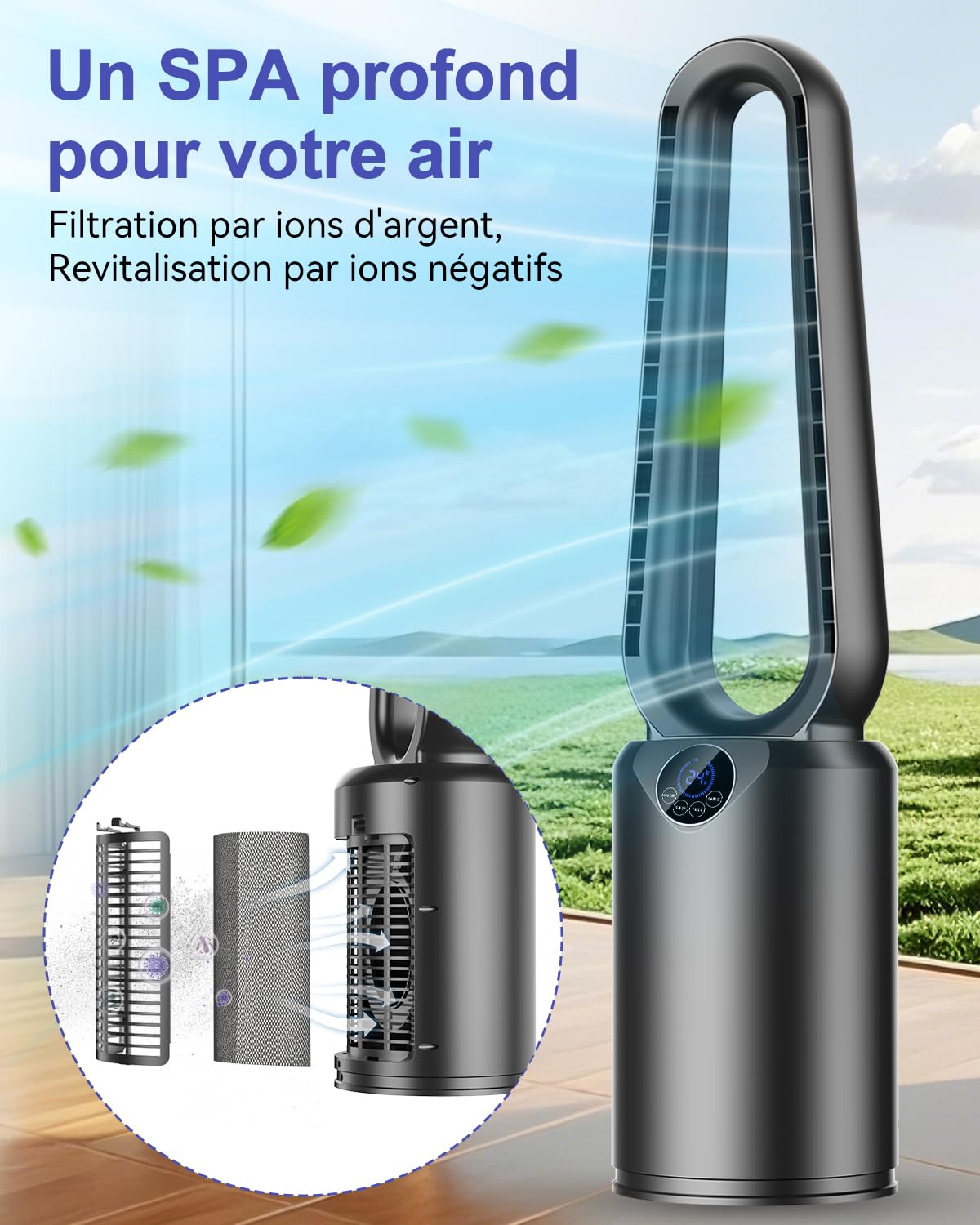 Ventilateur Colonne Sans Pales 85 cm - Ventilateur Tour Silencieux 20dB avec 24 Vitesses, Vitesse Maximum 9,7 m/s, Oscillation à 90°, Minuterie 12H, Télécommande et Tactile pour Grande Chambre