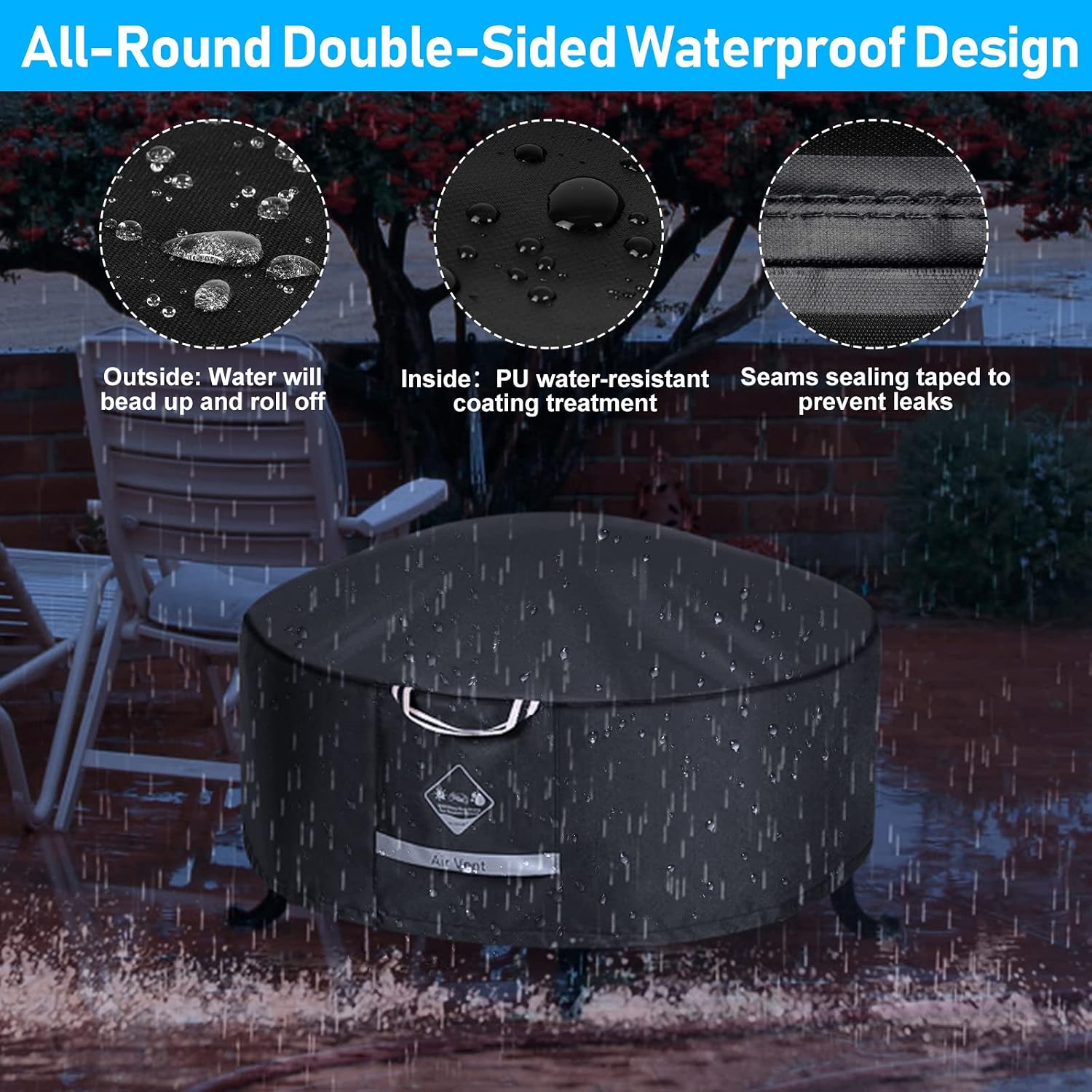 QH.HOME Fire Pit Cover Round 900D Strong Tear Resistant - 100% Waterproof Outdoor Fire Pit Cover with PU Coating, UPF 50+ Firepit Covers Round UV Resistant and Fading Resistant, (50" D x 24" H, Black)