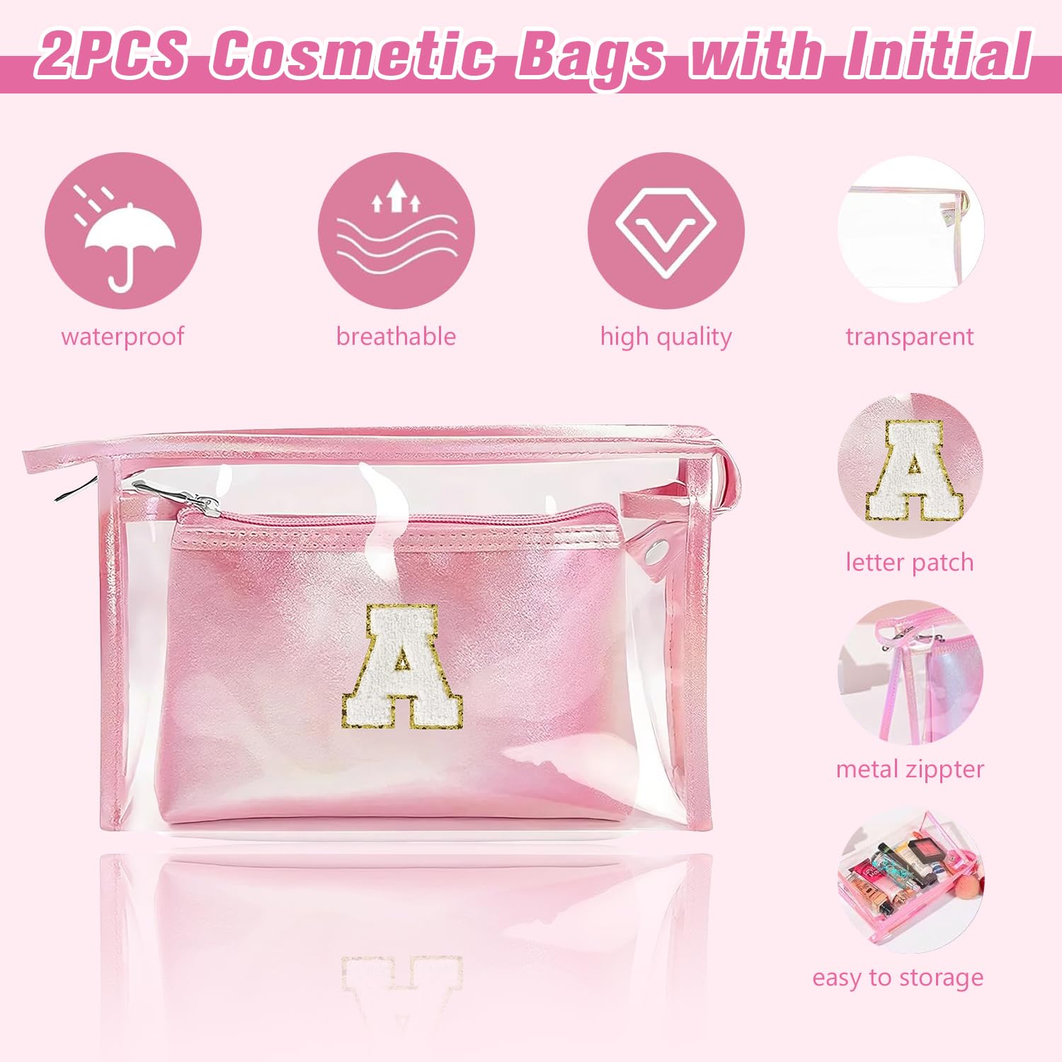 2 Pezzi Beauty Case da Viaggio Trasparente, Trousse Trucchi Donna, Borsa da Toilette in PU-PVC, Borse da Viaggio Impermeabile, Borsa Cosmetici Regalo Compleanno Natale Ideale per Donne Ragazze Rosa K
