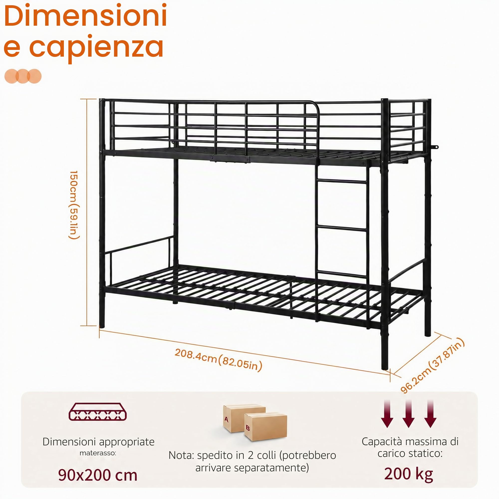 DORAFAIR Letto a Castello 90 x 200 cm in Metallo, con Rete a Doghe, con Scaletta e Protezione da Caduta, Letto a Castello Singolo, Nero