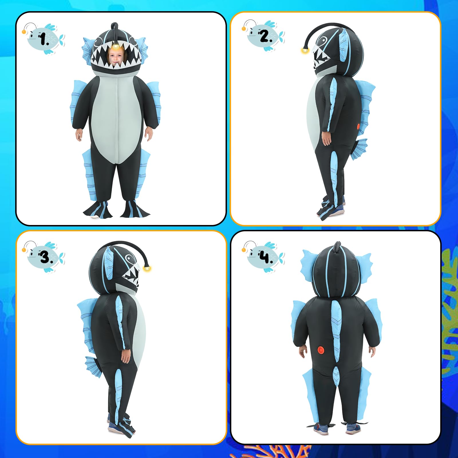 Disfraz inflable, disfraz inflable de pez pescador para niños, divertidos disfraces inflables de Halloween para niños y niñas 4