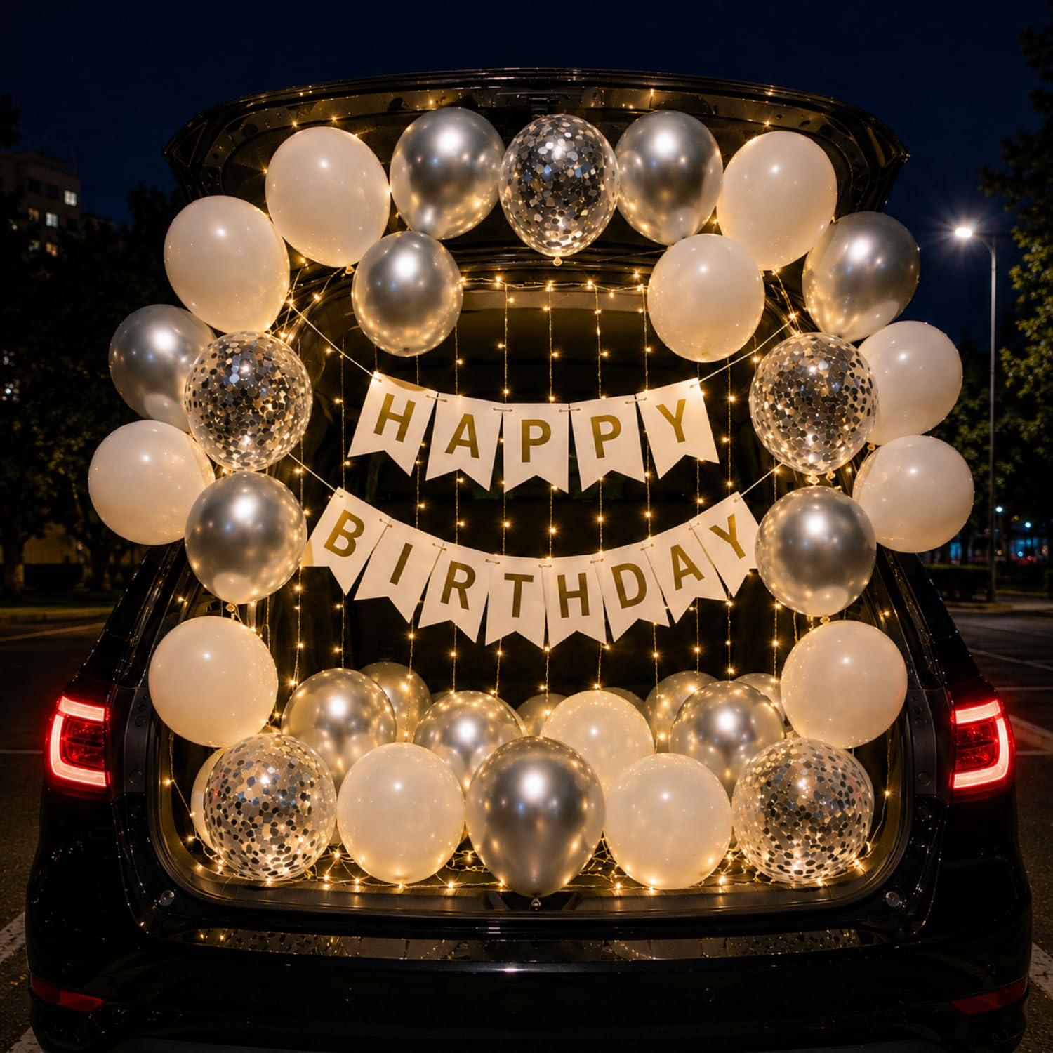 Car Birthday Decoration Combo Kit (29 Pcs) – White & Silver Metallic Balloons with Happy Birthday Banner, Cork Lights & Confetti Balloons for Car Boot Surprise, Anniversary & Party Decoration-image-44