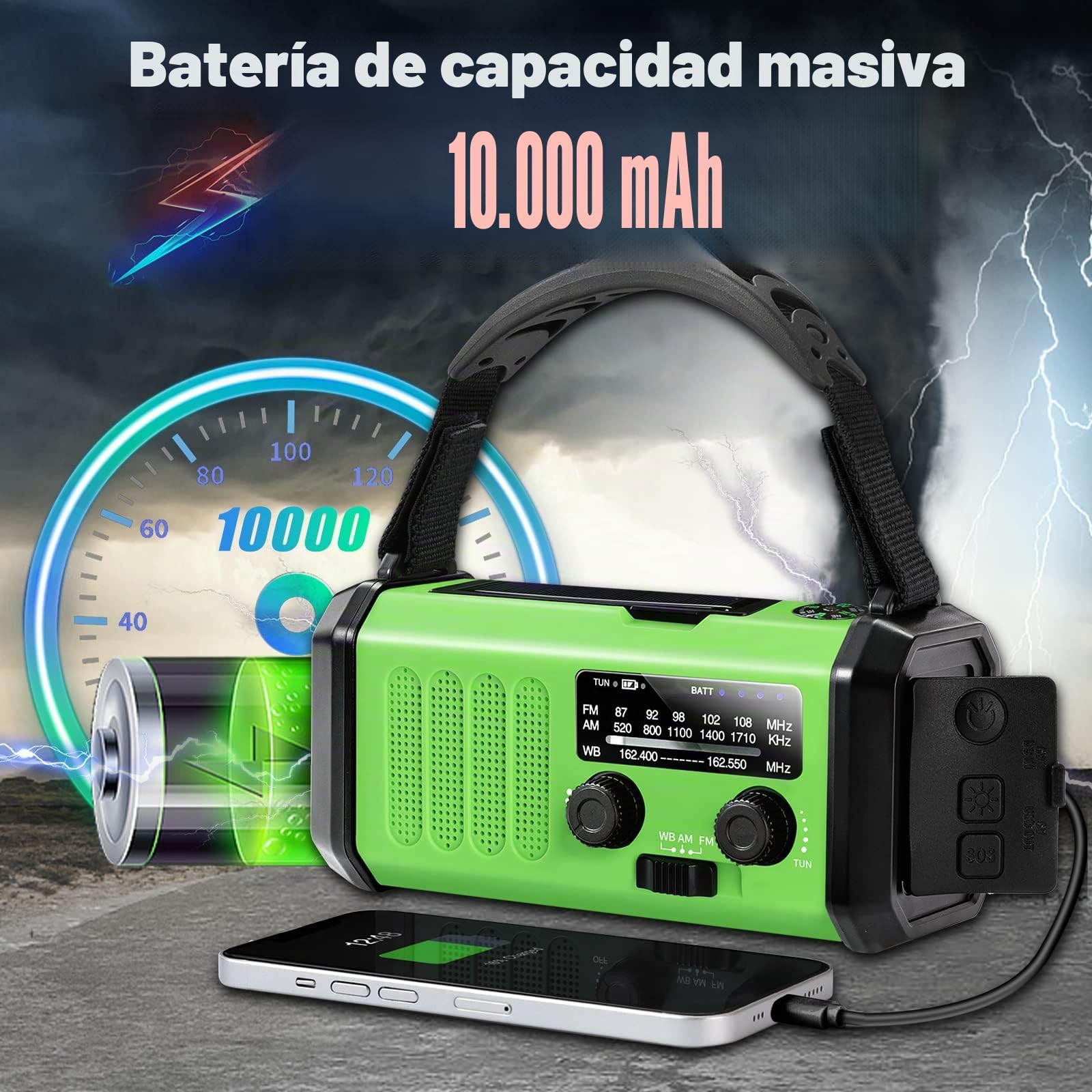 Leaton Radio de emergencia de manivela, 10000 mAh, funciona con energía solar, radio meteorológica NOAA/AM/FM con linterna LED multifunción y cargador de teléfono celular para emergencias en