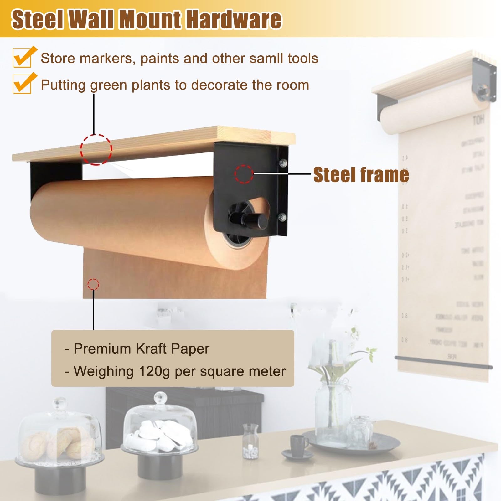 YUEKOPOU Rolka papieru pakowego | Z drewnianym dozownikiem i nożem do menu kawiarni, oferty dnia i tablicy ogłoszeń(With Wall Rack-100cm/39.3in Wide)