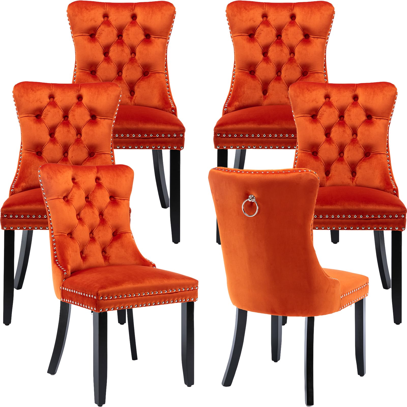 ODUSE-DAILY Orange Velvet Dining Chairs Set of 6, Tufted Velvet Upholstered Chairs, Solid Wood Frame (Orange, 6 Pcs)