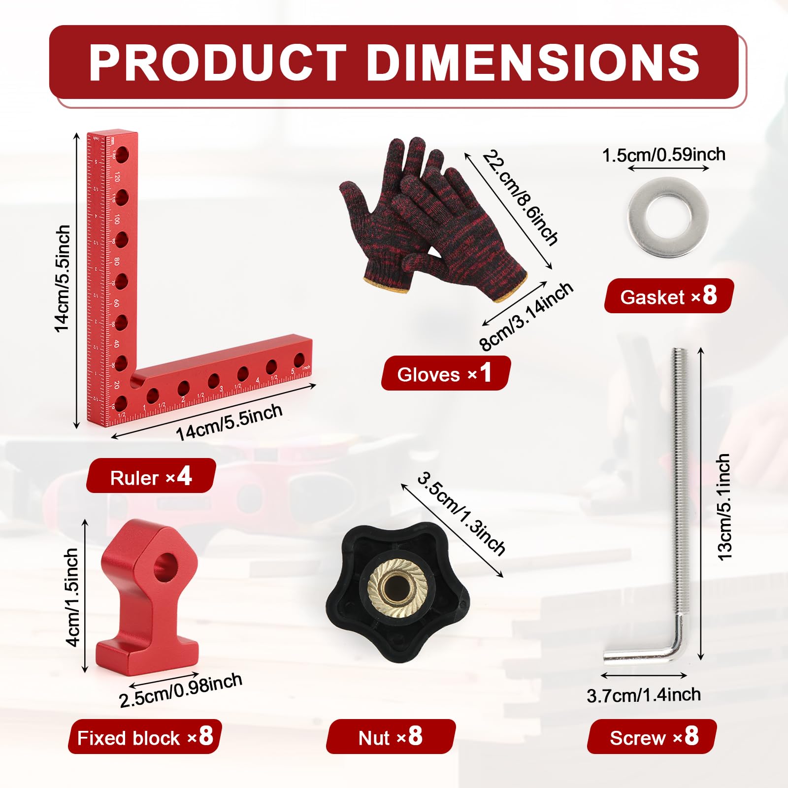 Ángulo de posicionamiento de 90 grados, 4 abrazaderas de aleación de aluminio de ángulo recto (14 cm/5,5 pulgadas), herramientas de carpintería para carpintería, bricolaje, manualidades (rojo)