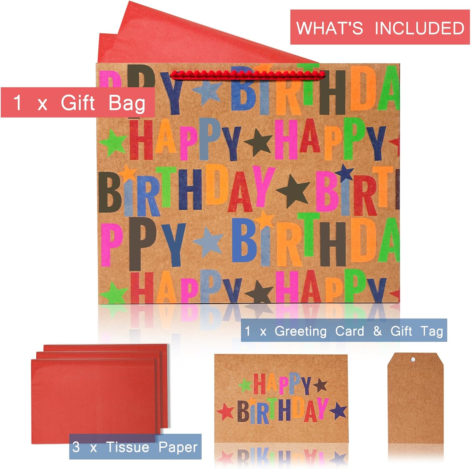 LaRibbons 13" Large Kraft Birthday Gift Bag with Tissue Paper and Greeting Card, Colorful Text Happy Birthday and Stars Design, Perfect for Boys, Girls, Kids, Men