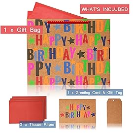 LaRibbons 13 Large Kraft Birthday Gift Bag with Tissue Paper and Greeting Card, Colorful Text Happy Birthday and Stars Design, Perfect for Boys, Girls, Kids, Men