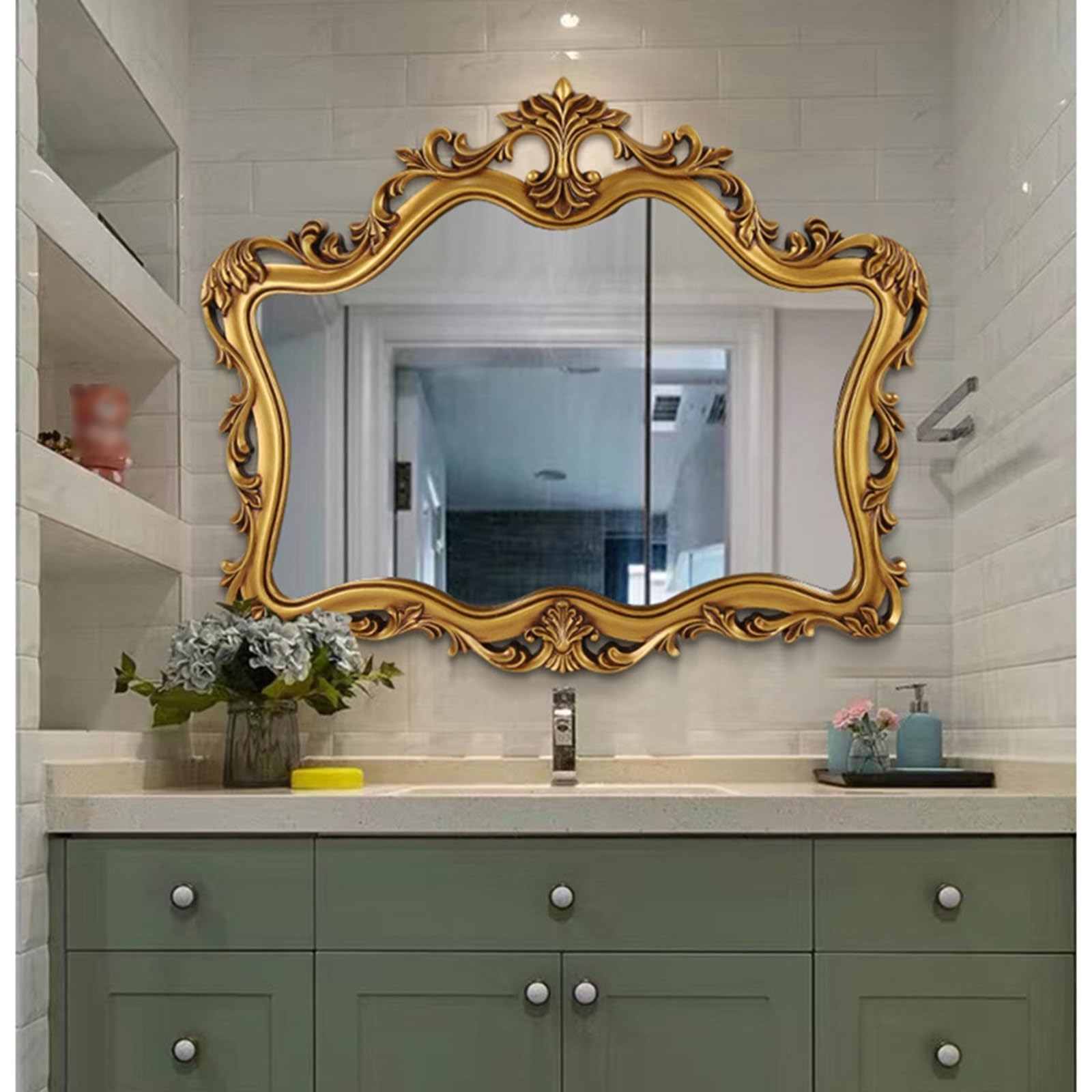 Fitlin Retro Wall Mounted Bathroom MirrorCarved Design for Bedroom Living Room & EntranceDecorative Vanity Mirror(B - Gold,95 * 78cm/37.4 * 30.7in)