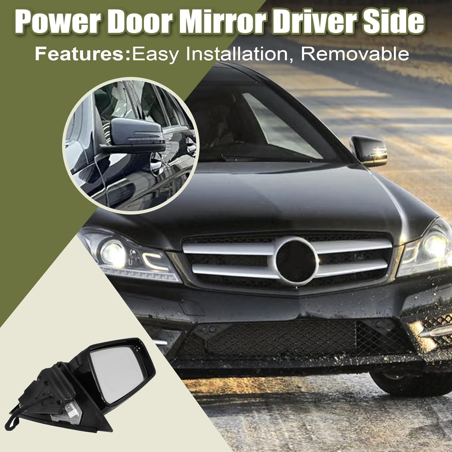 Priprilod Exterior Mirror Black Driver Left Side Fit For Mercedes-Benz C63 AMG C250 C300 C350 2010-2014 Automatic Dimming, Heated, Side View, In-housing Signal Light, With Puddle Light #2048103176