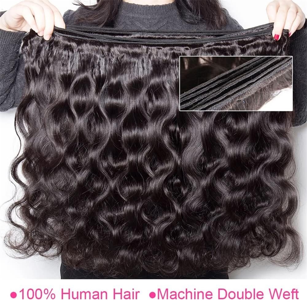 Tissage brésilien Remy ondulé avec fermeture en cheveux humains, lot de 3, avec raie libre 10x10, dentelle suisse, couleur naturelle(28 28 28 Closure20)