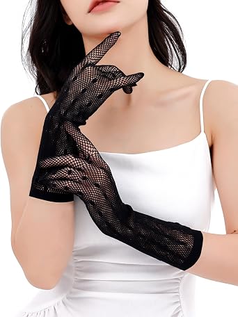 ATHX Black Rhinestones Fishnet Gloves for Women 80s Opera Lace Tea Party Prom Sheer Bridal Wedding Gloves Accessories