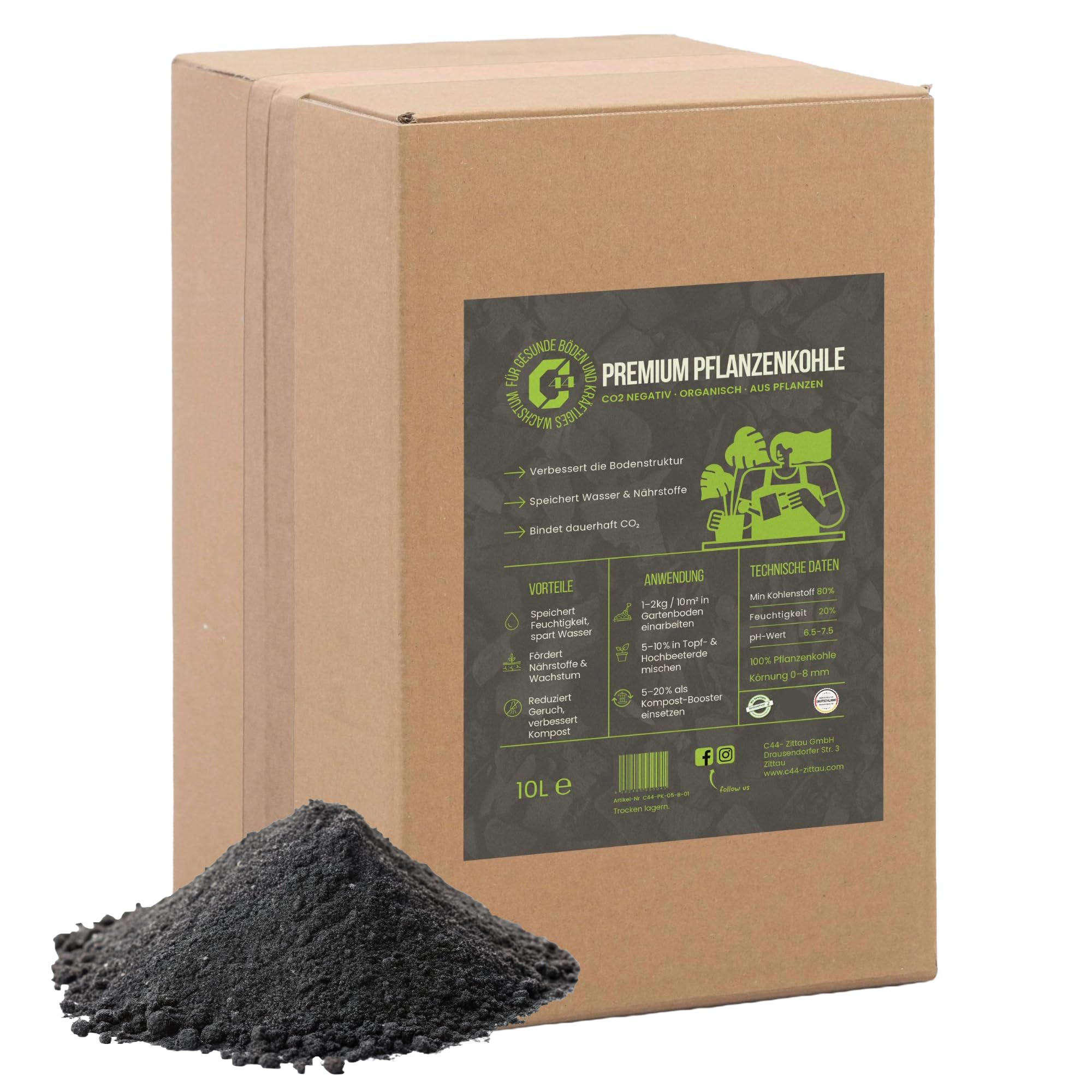 C44-10L Premium Pflanzenkohle - EBC-zertifiziertes Biochar für Garten, Rasen & Hochbeet - Basis für Terra Preta - Hochporöser Bodenverbesserer & Nährstoffspeicher