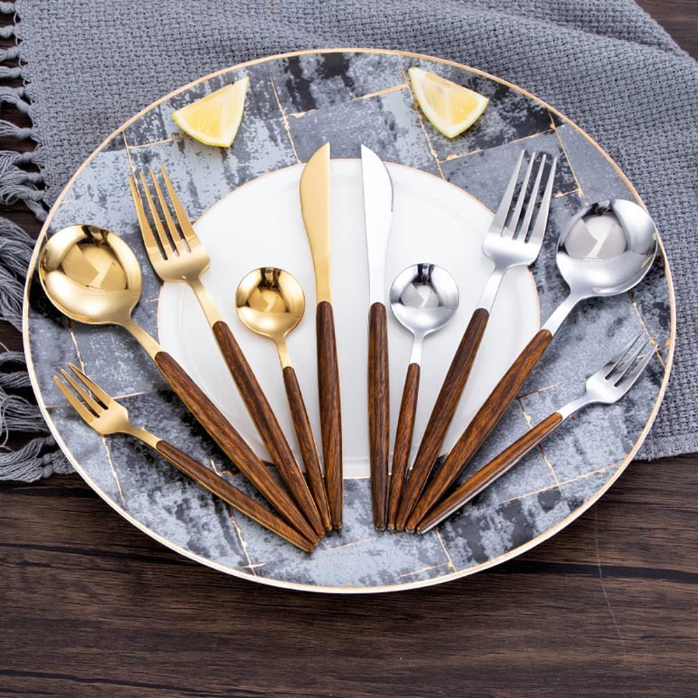 Ensemble de Couverts en Bois 50 pièces, en Acier Inoxydable Durable avec Manche en Bois, Comprenant Couteaux, fourchettes et cuillères délicats. Service de Table idéal pour la Cuisine, notam