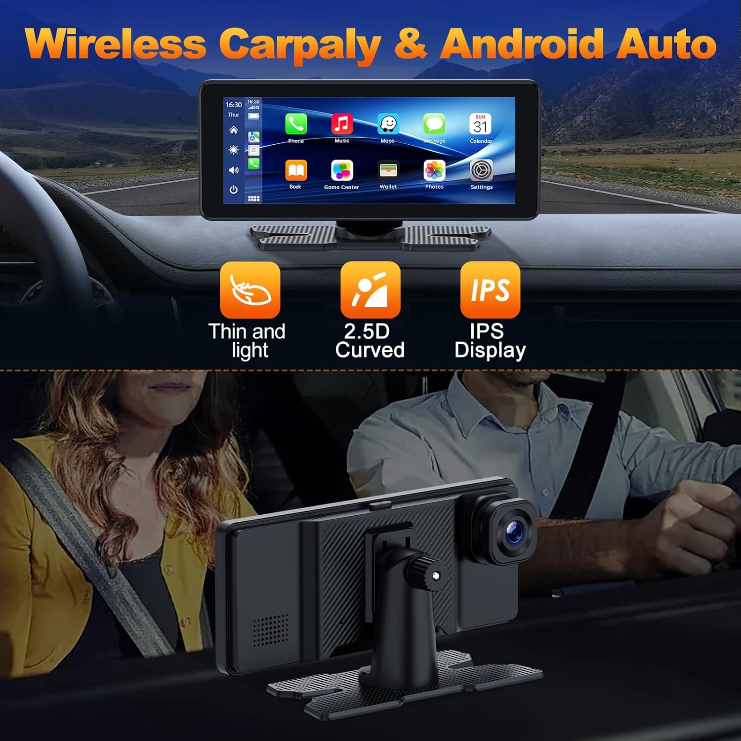 Volam Carplay screen displaying wireless Carplay and Android Auto interfaces, highlighting its thin design, 2.5D curved edges, and IPS display.