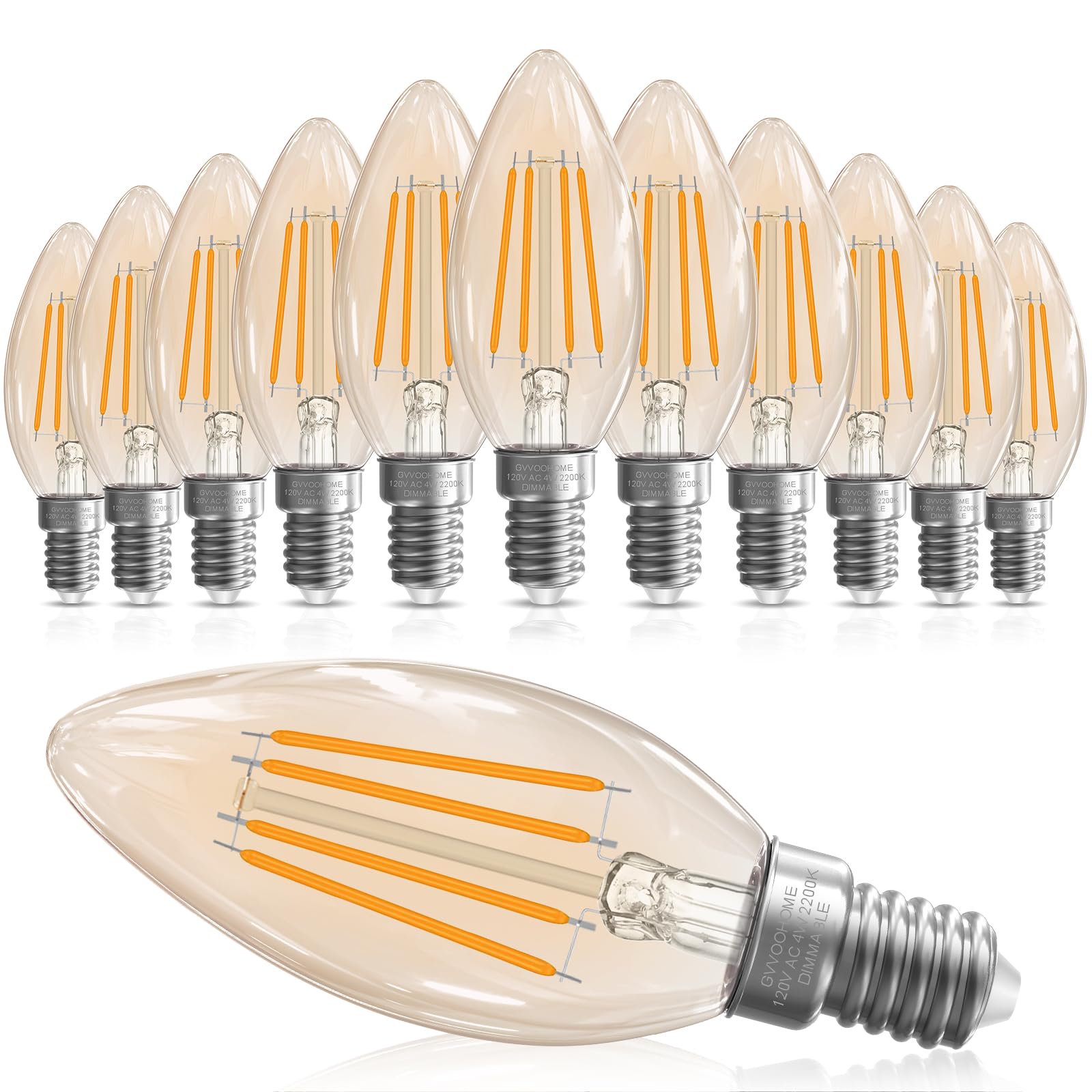 GvvooHome E12 Candelabra Bulb 40 watt Equivalent, E12 LED Bulb Dimmable Pendant Bulbs, 2200K Amber Warm, B10 Candle Bulb, 90+CRI, 400LM, Amber Glass Finish, Pack of 12 — image 1