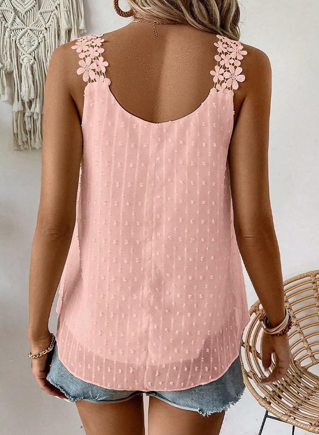 Womens Tank Tops Flowy Sleeveless Summer Boho Tank Top for Women Casual Crewneck Strap Lace Camisole Shirts - Image 3