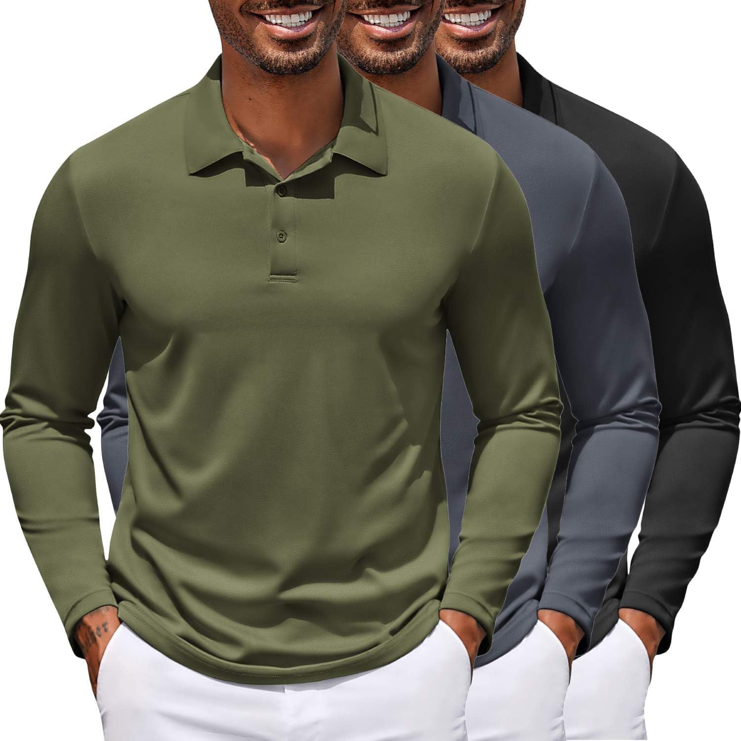 COOFANDY Men's Polo Shirt Long Sleeve Moisture Wicking Golf Shirts Sun Protection Collared Work Shirts